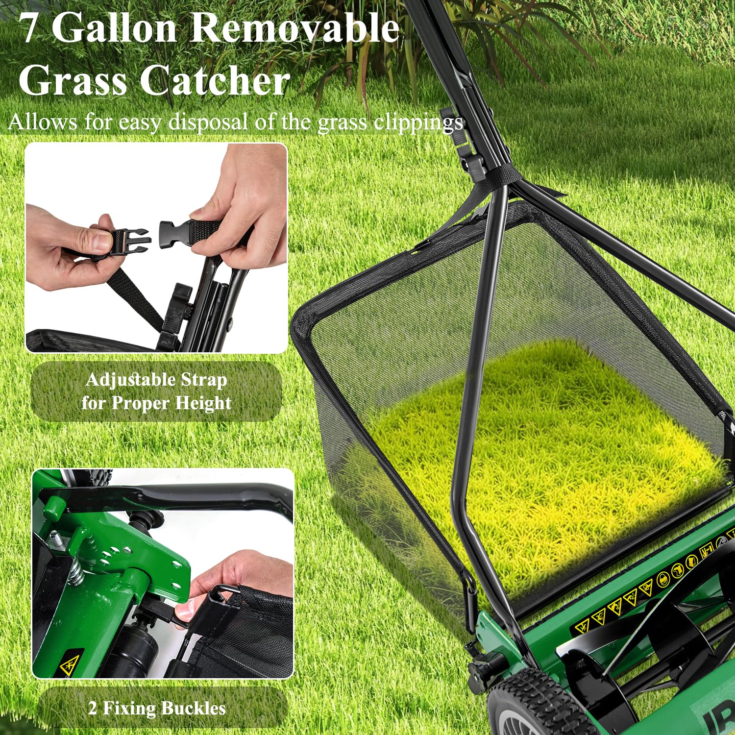 Goplus Cortacésped manual, cortador de césped inalámbrico de 14 pulgadas y 5 cuchillas con bolsa extraíble de 6.6 galones, alturas de corte ajustables, cortacésped de carrete de empuje para patio