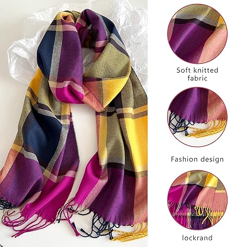 Miniatura 4 de Bufanda clásica con borlas para mujer, súper suave, sensación de cachemira clásica, para otoño e invierno, bufandas de tartán cálido y grueso