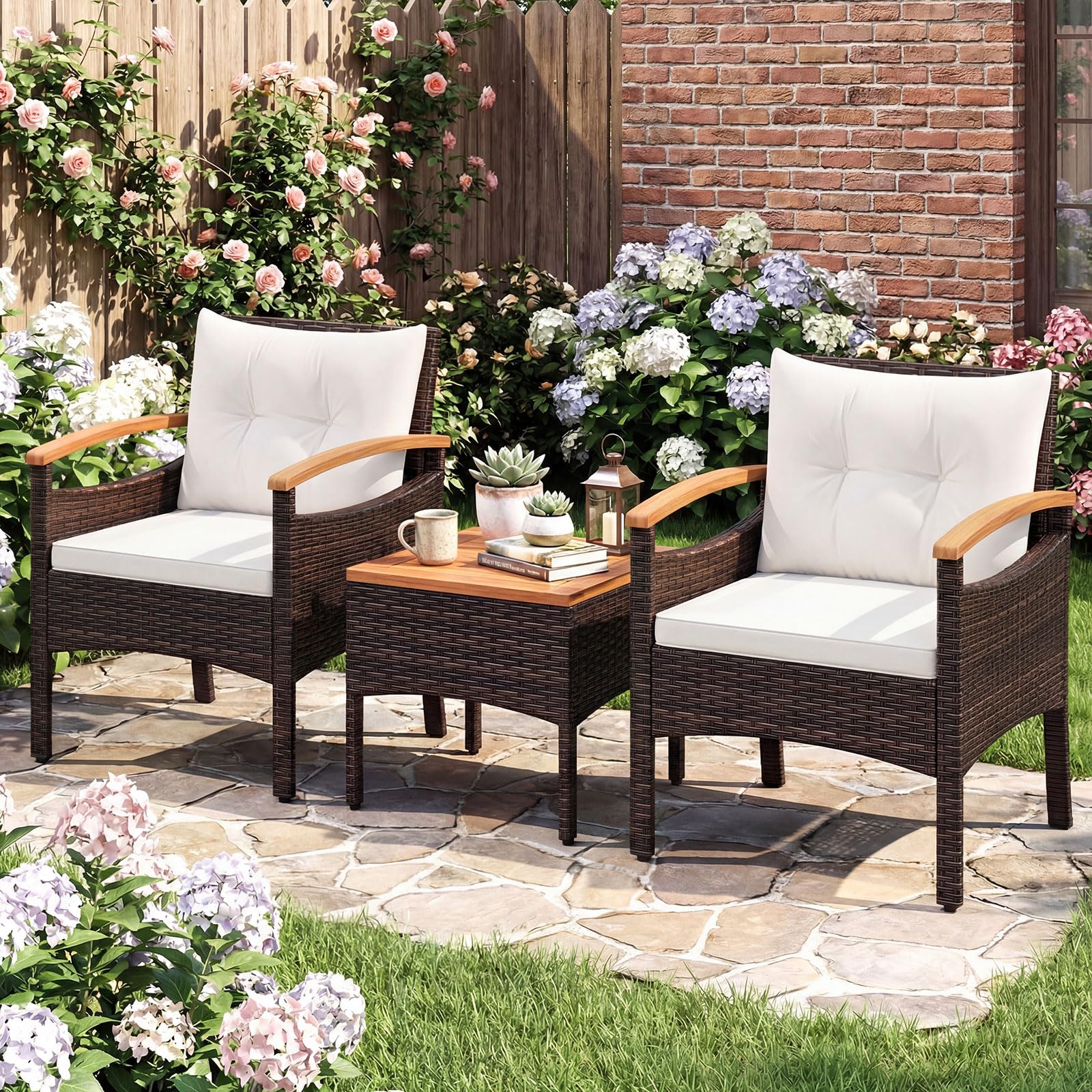 COSTWAY Conjunto Terraza 3 Piezas, Conjunto de Muebles Ratán de jardín, Mesa de Café, 2 Sillas de Ratón con Cojín Desmontable y Respaldo, Madera de Acacia para Patio, Piscina, Balcón (Blanco)