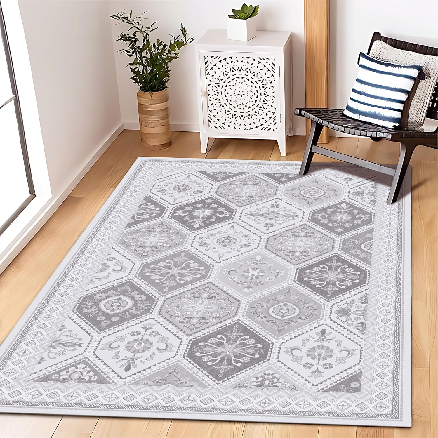 Moroccan Trellis Area Rug - 3x5 Washable Area Rug with Non-Slip Backing Low-Pile Hallway Printed Rugs Entryway Rug 3x5 for Living Room Hallway Kitchen Farmhouse Laundry Room - Gray/White