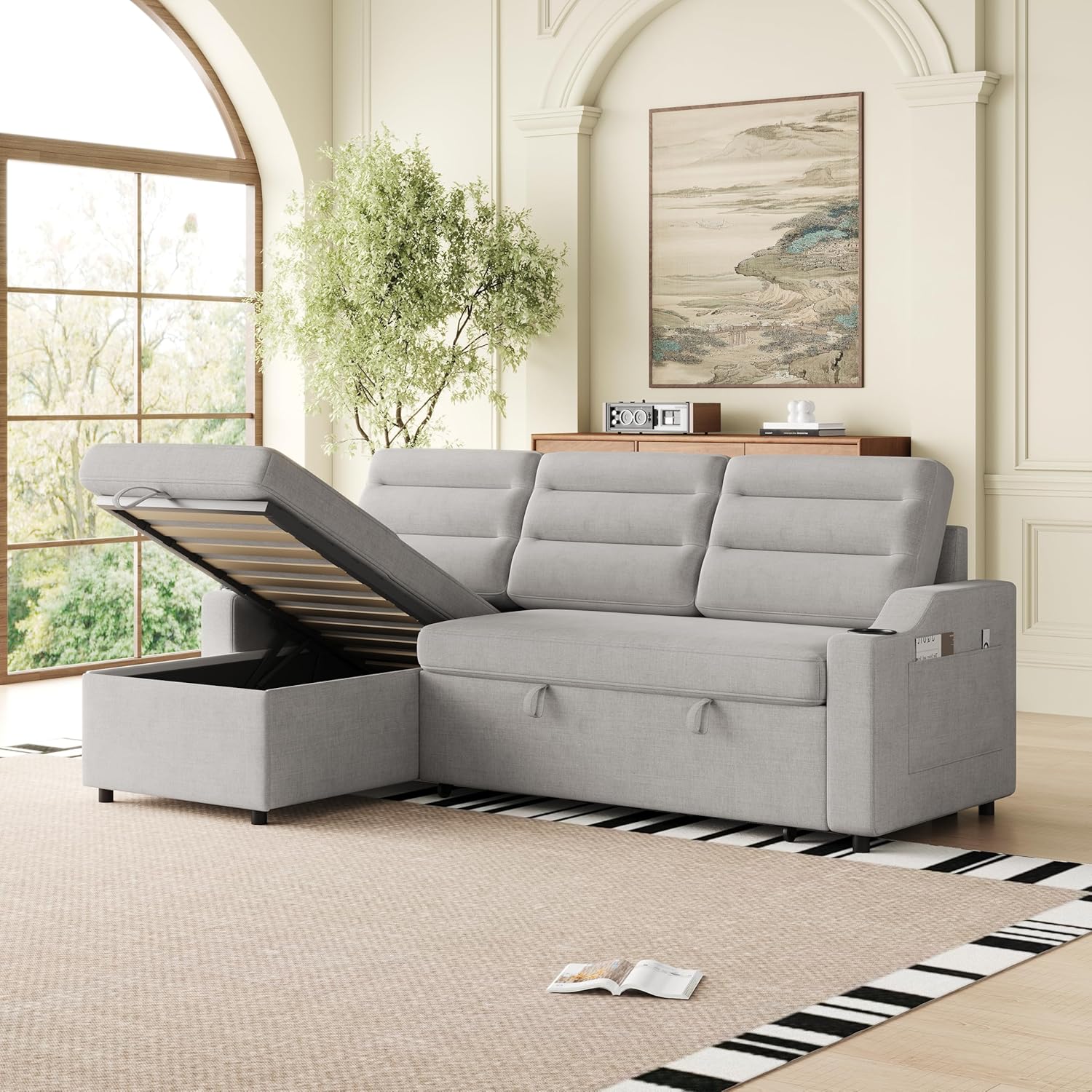 Modern Convertible Sleeper Combo Sofa Bed with Storage, Comfortable Fabric Couch with Recliner and Cup Holder, Light Grey