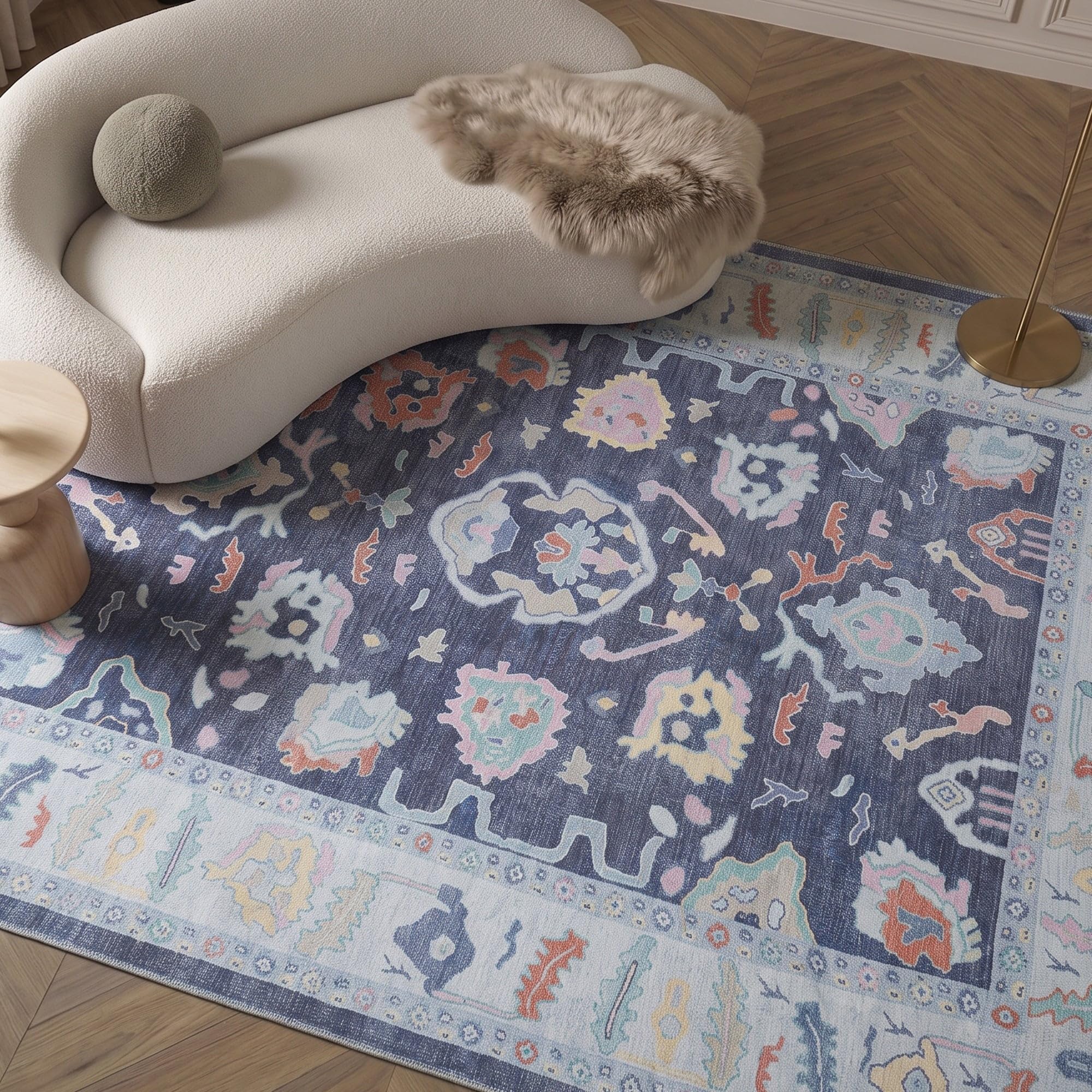 Fame Rugs Navy Blue Modern Oushak Rug 10x13, Vintage Turkish Colorful Oriental Washable Antique Inspired Oversize Area Rugs, Luxury Living Room Bedroom (388NB, 10' x 13')