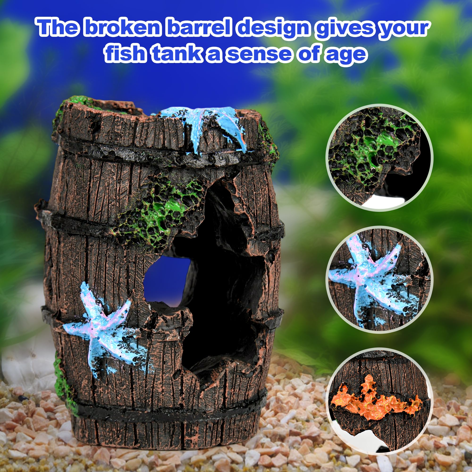 CousDUoBe Fish Tank Decor - Broken Barrel With Starfish & 8 Plastic Plants, Resin, Hand-Painted - View #3