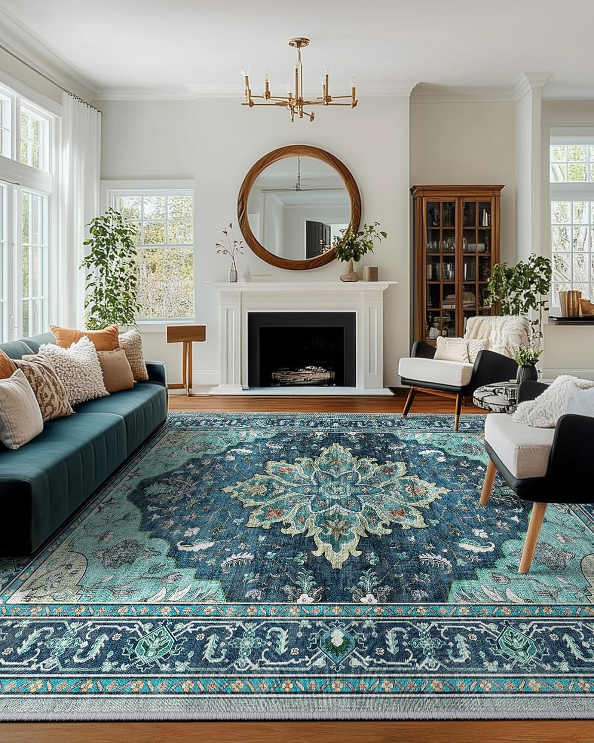 Area Rugs 8'x10' Washable Non-Slip, Floral Vintage Distress Print Pattern Medallion Carpet for Living Room Bedroom Dining Room, Teal Green Lake Blue Turquoise Teal 8' x 10' (Rectangular)