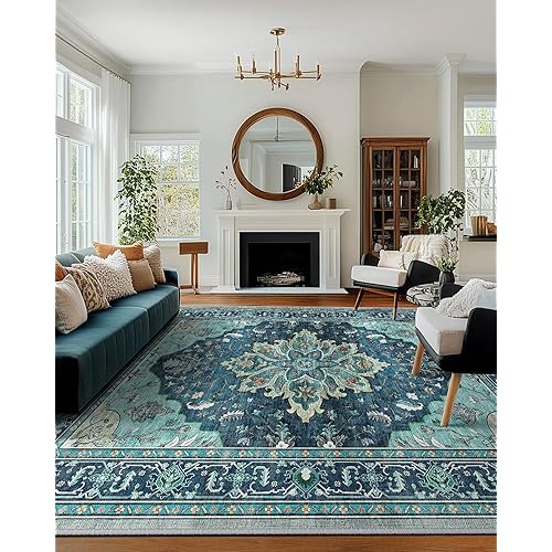 Area Rugs 8'x10' Washable Non-Slip, Floral Vintage Distress Print Pattern Medallion Carpet for Living Room Bedroom Dining Room, Teal Green Lake Blue Turquoise