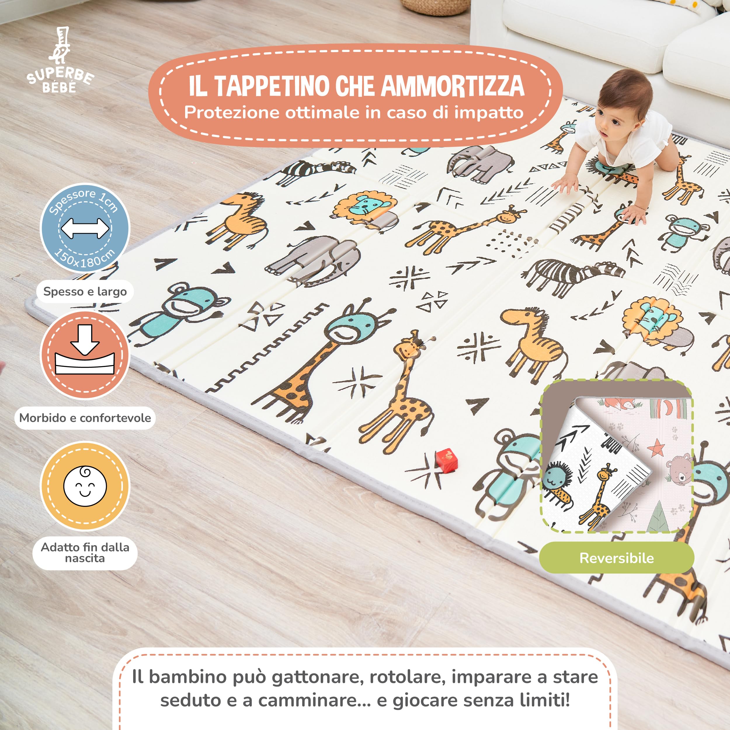 Tappeto Gioco Bambini Pieghevole 150x180x1cm Palestrina Neonato Montessori Reversibile Non Tossico E Impermeabile In Schiuma Per Bimbi. Palestra Neonati - Tappeto Tummy Time Neonati - Regalo Bambino