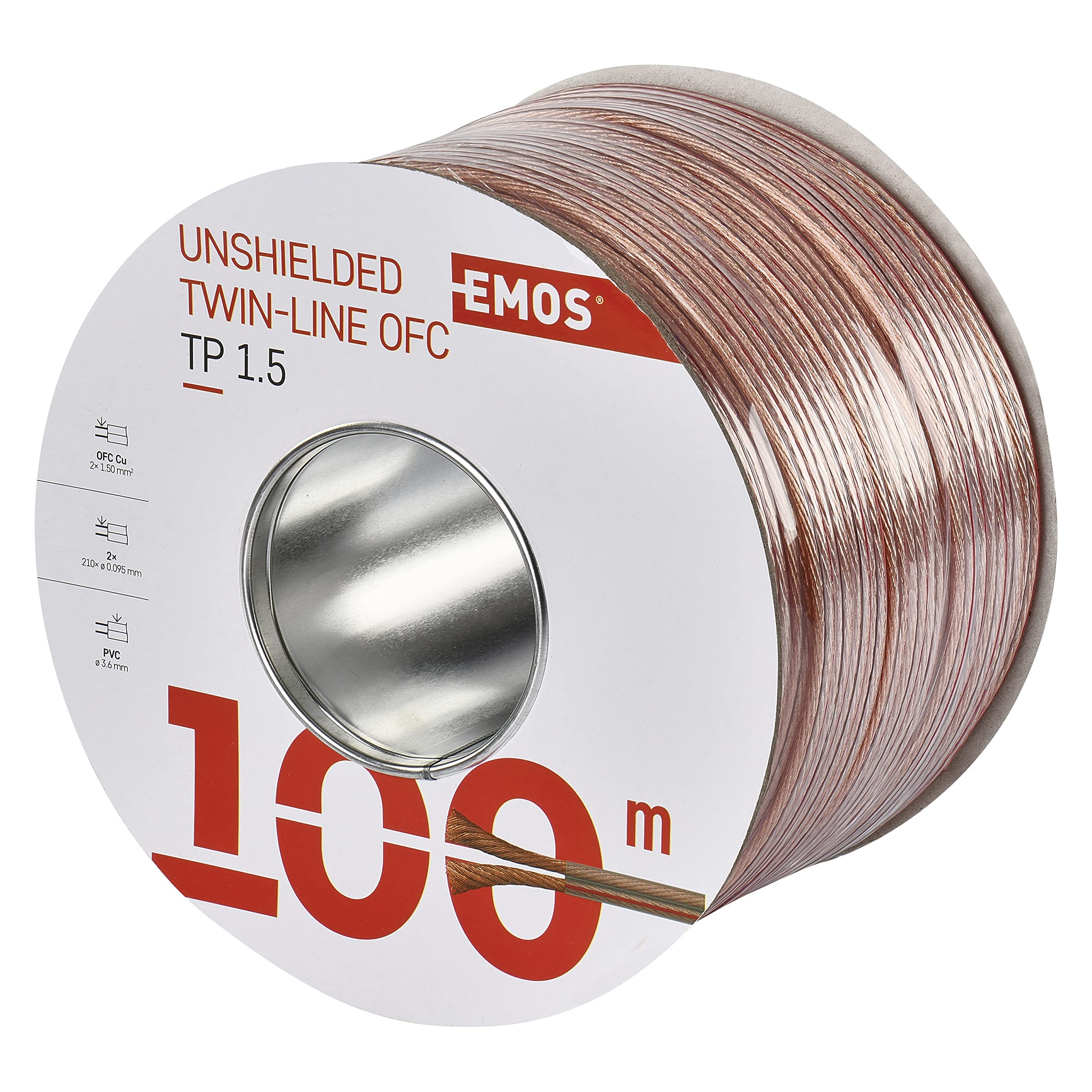 EMOS Lautsprecherkabel OFC 2 x 1,5 mm2, 100 Meter HiFi Audio Boxenkabel aus reinem Kupfer für Lautsprecher und Surround Systeme, transparent mit Polaritätskennzeichnung