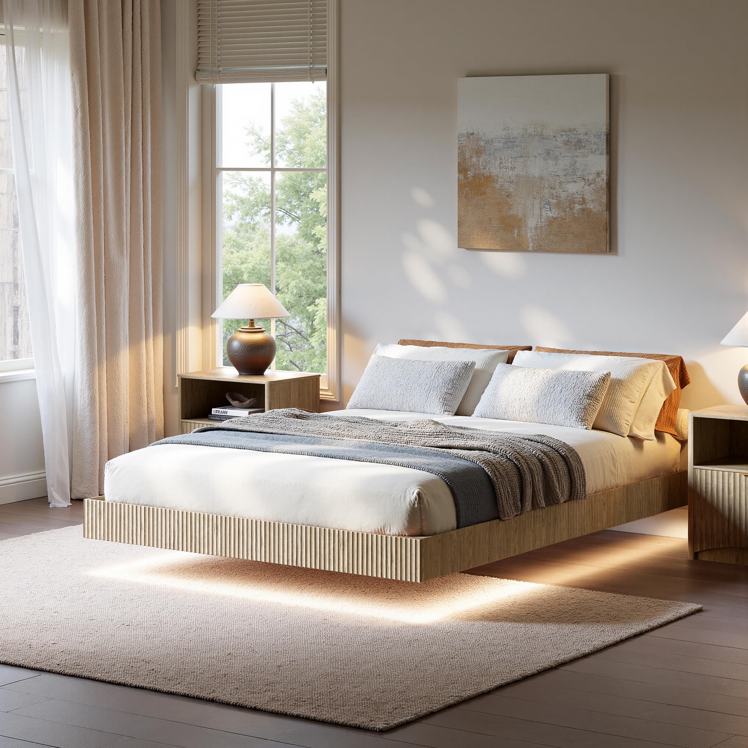 Evermagin 12In High Oak Queen Floating Bed Frame with led Lights
