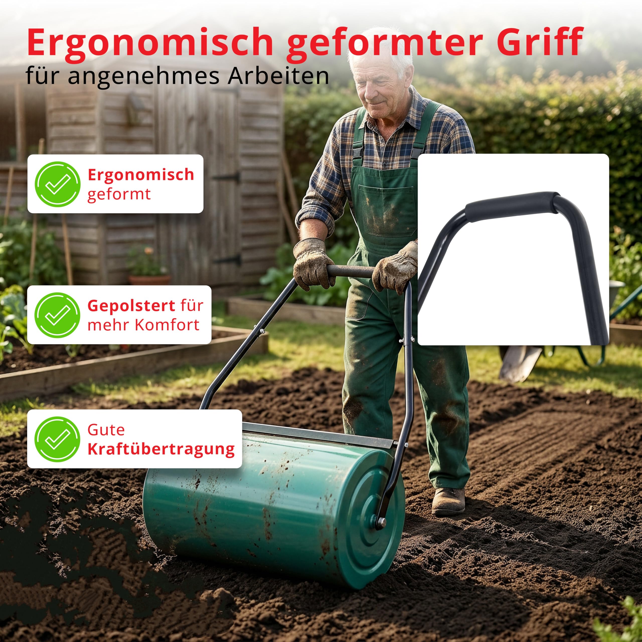 Rasenwalze Hand Walze für Rasenpflege, Ergonomischer Führungsholm, mit Wasser oder Sand Befüllbar, Rasenroller für Kleine bis Mittlere Rasenflächen, Gartenwalze für Gleichmäßige Rasenverdichtung