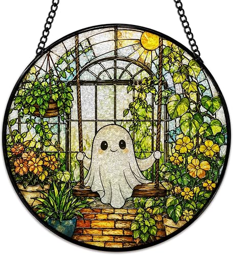 KSDUT Halloween Ghost Botanical Stained Glass Window Hanging 7.9"x7.9"