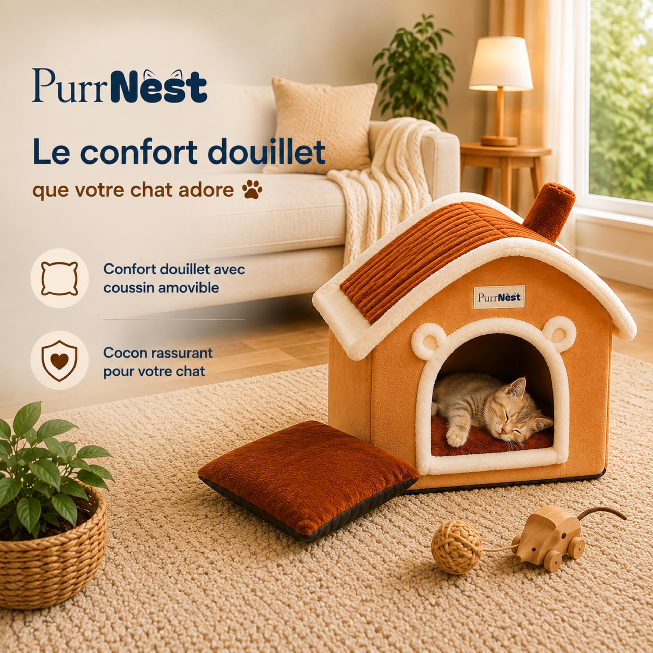 Maison Premium pour Chat, Niche Intérieure avec Coussin Doux Lavable, Couchage Cocon Confortable pour Chat et Petit Chien
