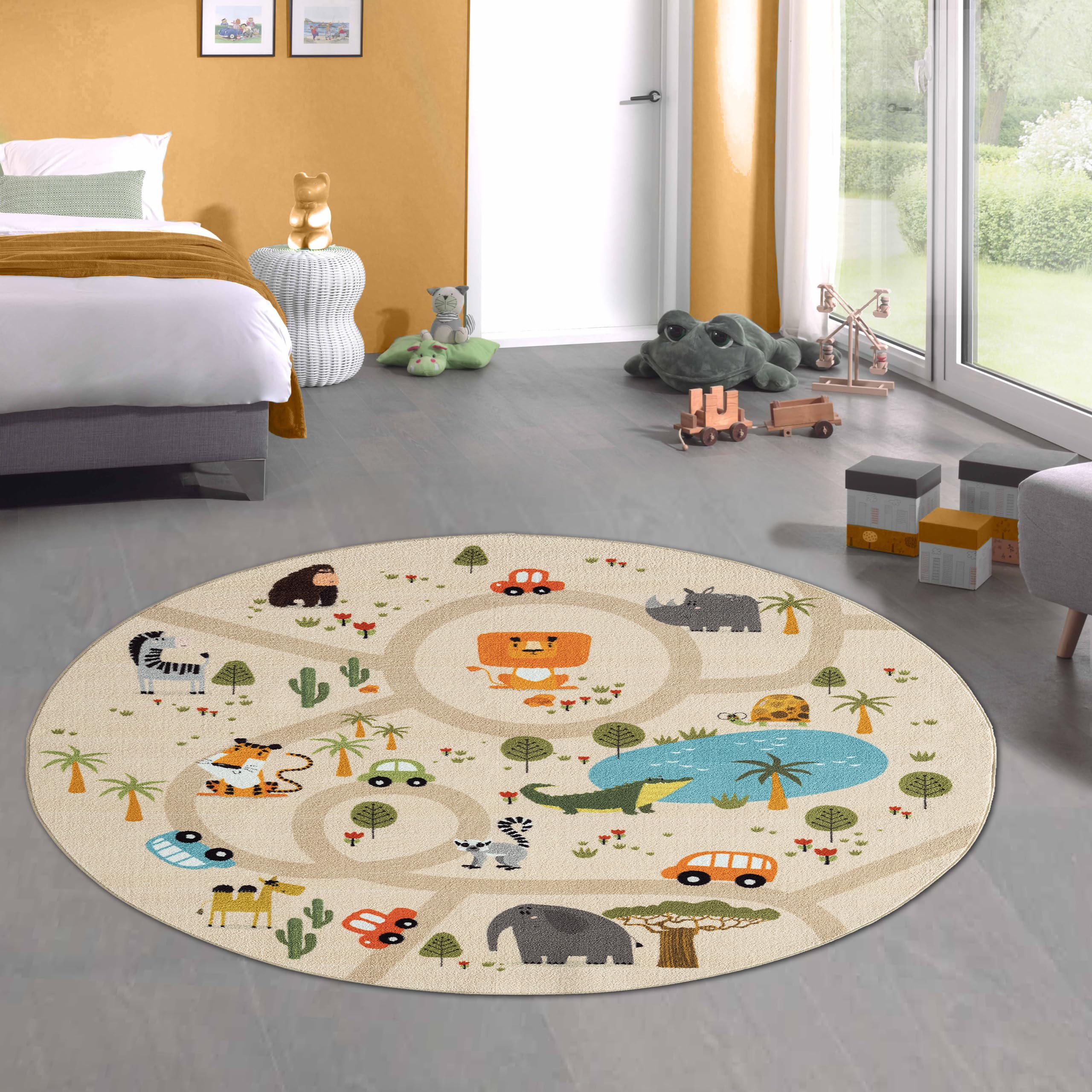 CARPETIA Tappeto cameretta Tappeto per bambini Tappeto gioco lavabile antiscivolo SAFARI/Jungle beige 160 cm rotondo