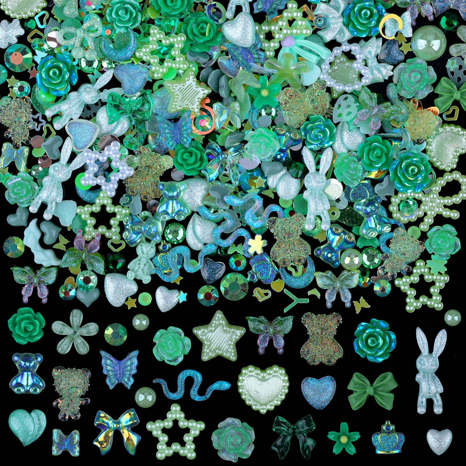 100 Pieces 3D Resin Butterfly Bear Nail Charms Rose Flower Peach Skirt Bow Deer Snake Rabbit Animal Shaped Nail Art Rhinestones Pearls for DIY Nail Art Decoration Making Craft (Green)