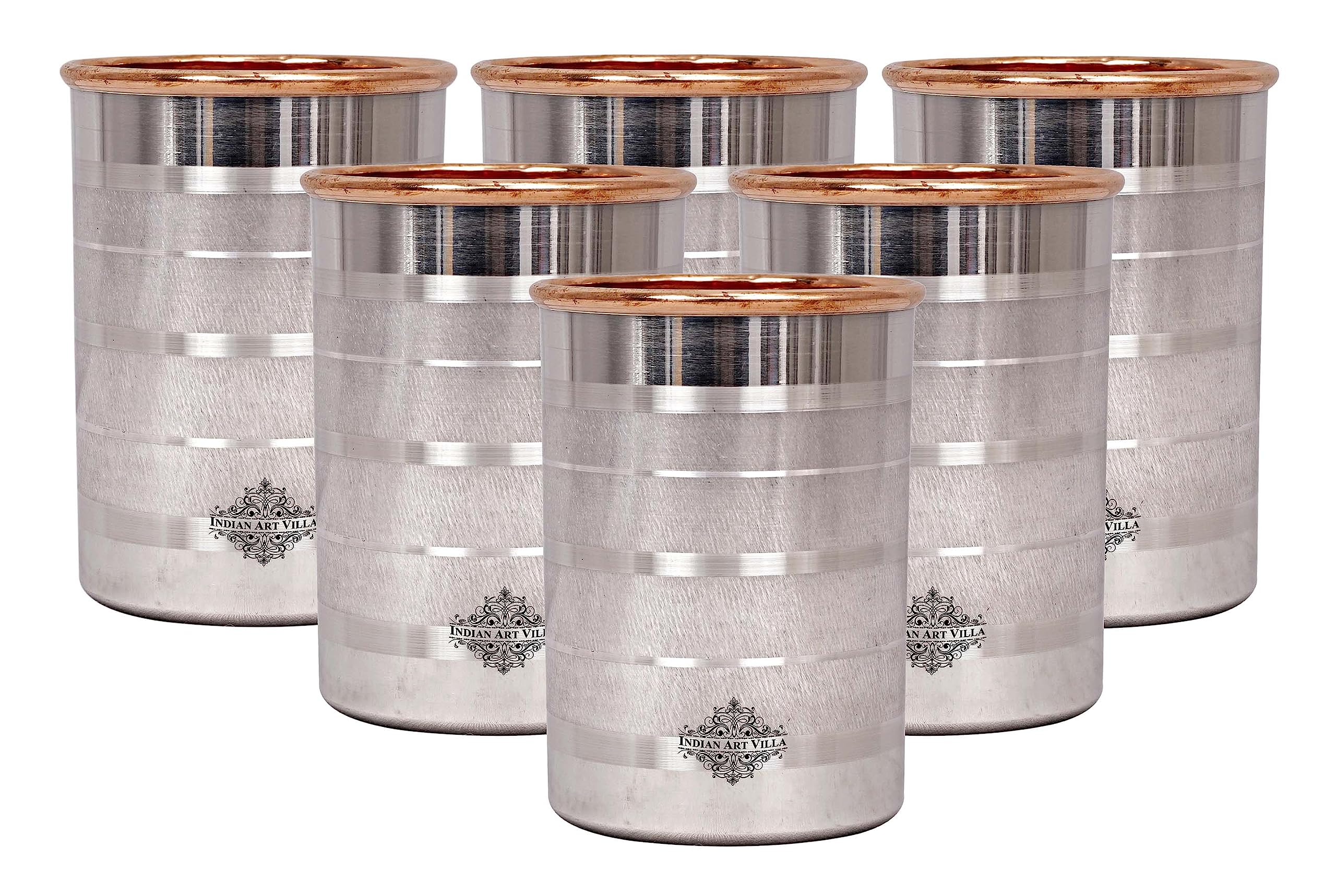 Indian Art Villa Steel Copper Glass Tumbler With Luxury Design Serveware Drinkware Volume-8 Oz Set of 6