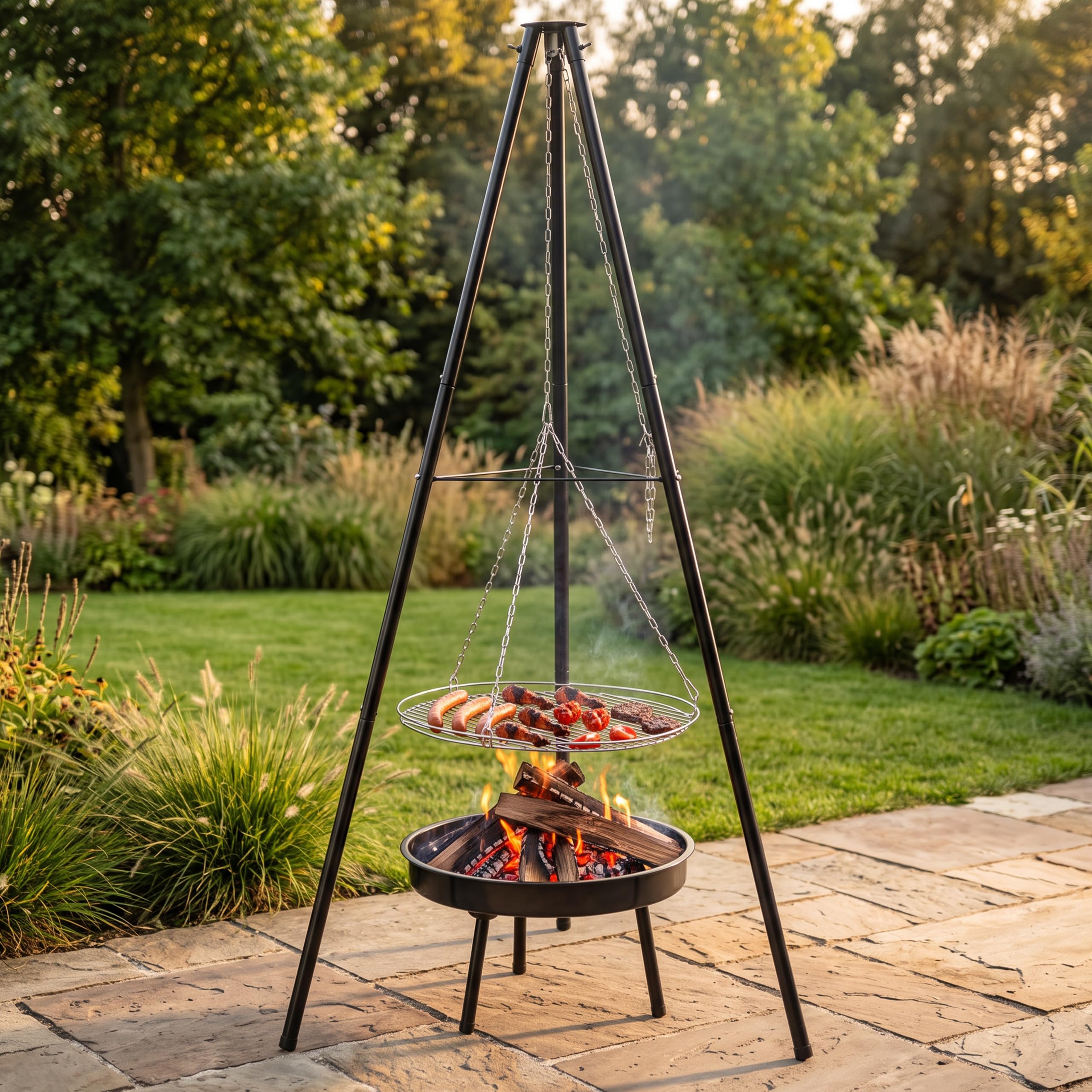 Gregman Roast 30 Holzkohlegrill 2in1 mit höhenverstellbarem Grillrost | Schwenkgrill mit Feuerschale - Dreibein für Feuerschale - faltbarer Gartengrill für Terrasse und Camping - Schwarz