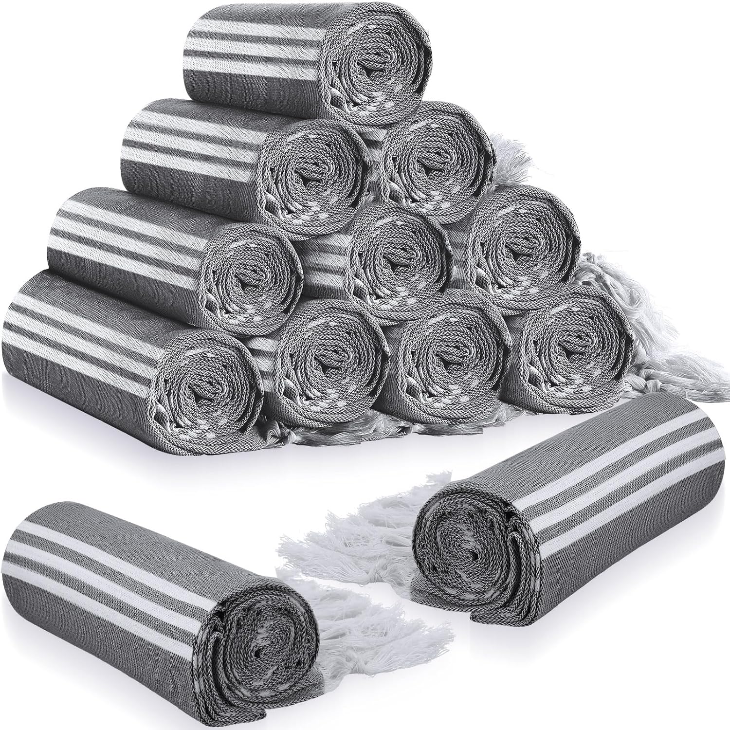 Newwiee 12 Pcs Turkish Beach Towels 71 x 35 Inch Oversized Turkish Cotton Bath Towel Stripe Peshtemal Travel Towels Quick Dry Sand Beach Towels Bulk with Tassels for Beach Travel Pool Camping