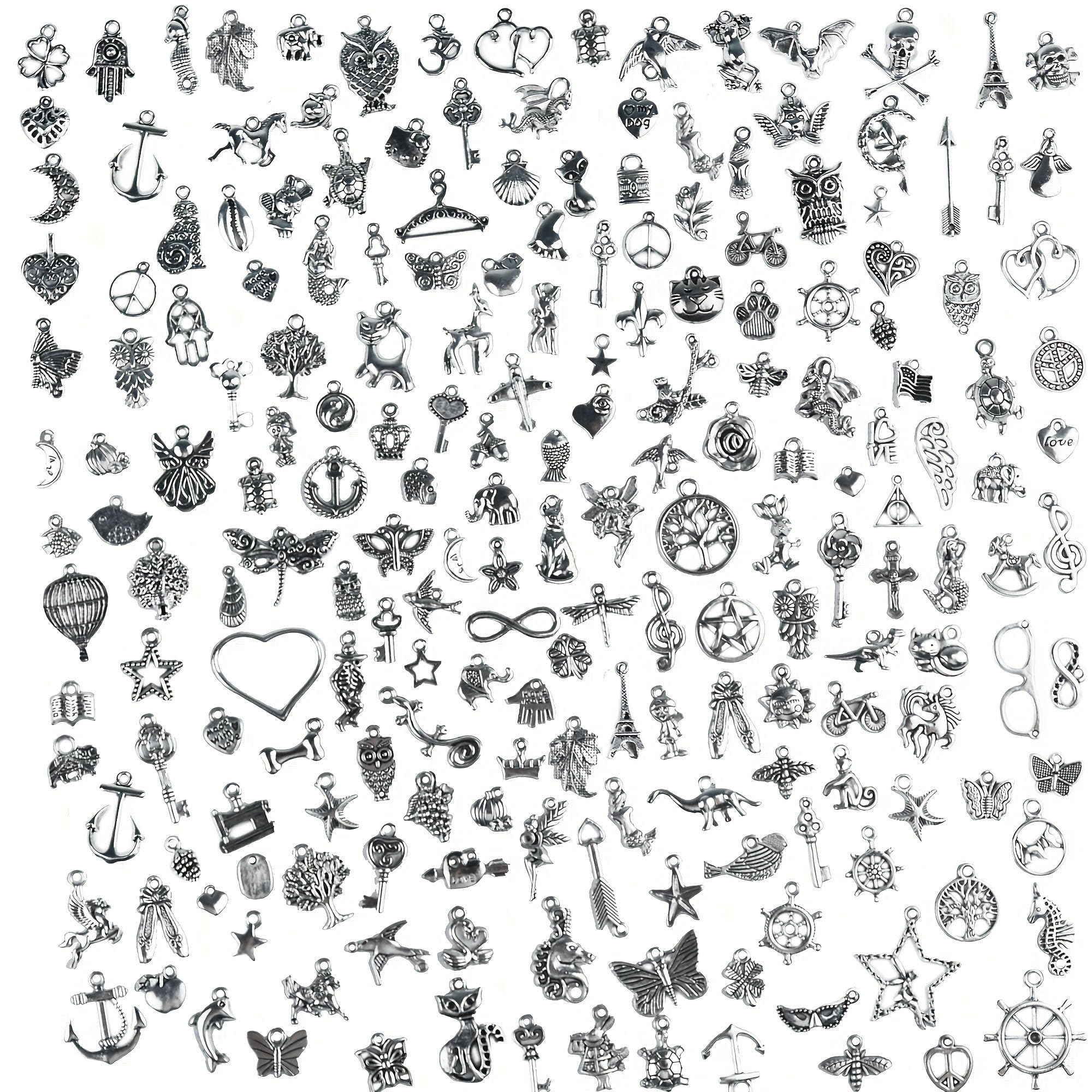 Aokbean 200pcs Bulk Silver Bracelet Craft Charms Jewellery Making Metal Small Charm Decoration Kit DIY Necklace Kid Jewlery Accessories Girl Earring Bead Keyring Set Mini Star Animal Pendant Supply