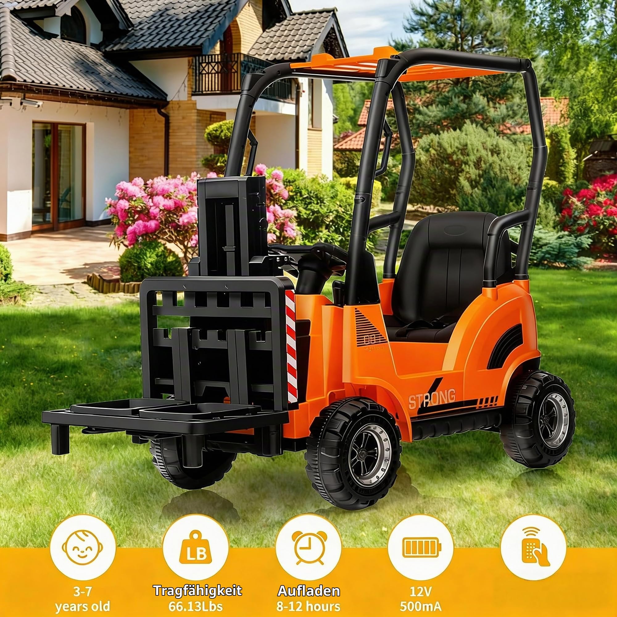 GarveeHome 12V Kinder Elektro Gabelstapler Mit Hebefunktion, Fernbedienung Für Eltern, Musik, USB, MP3, 2 Fahrstufen, Sicheres Elektro Kinderfahrzeug Ab 3 Jahren, Orange