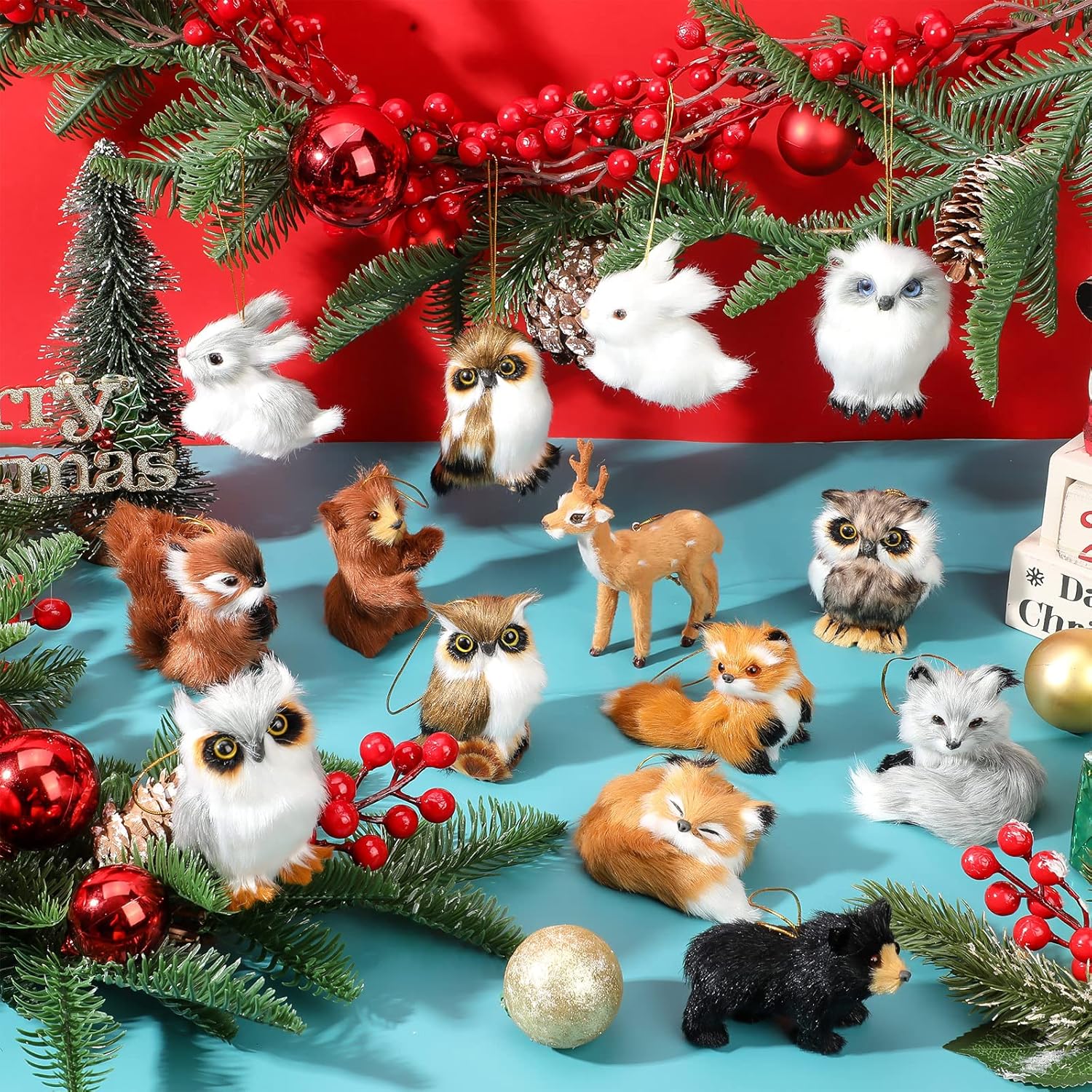 Plush Animal Christmas Ornaments, Felt Woodland Forest Furry Animals for Christmas Tree Ornaments Backpack Holiday Party Hanging Decoration Home(30 Pieces,Fresh)