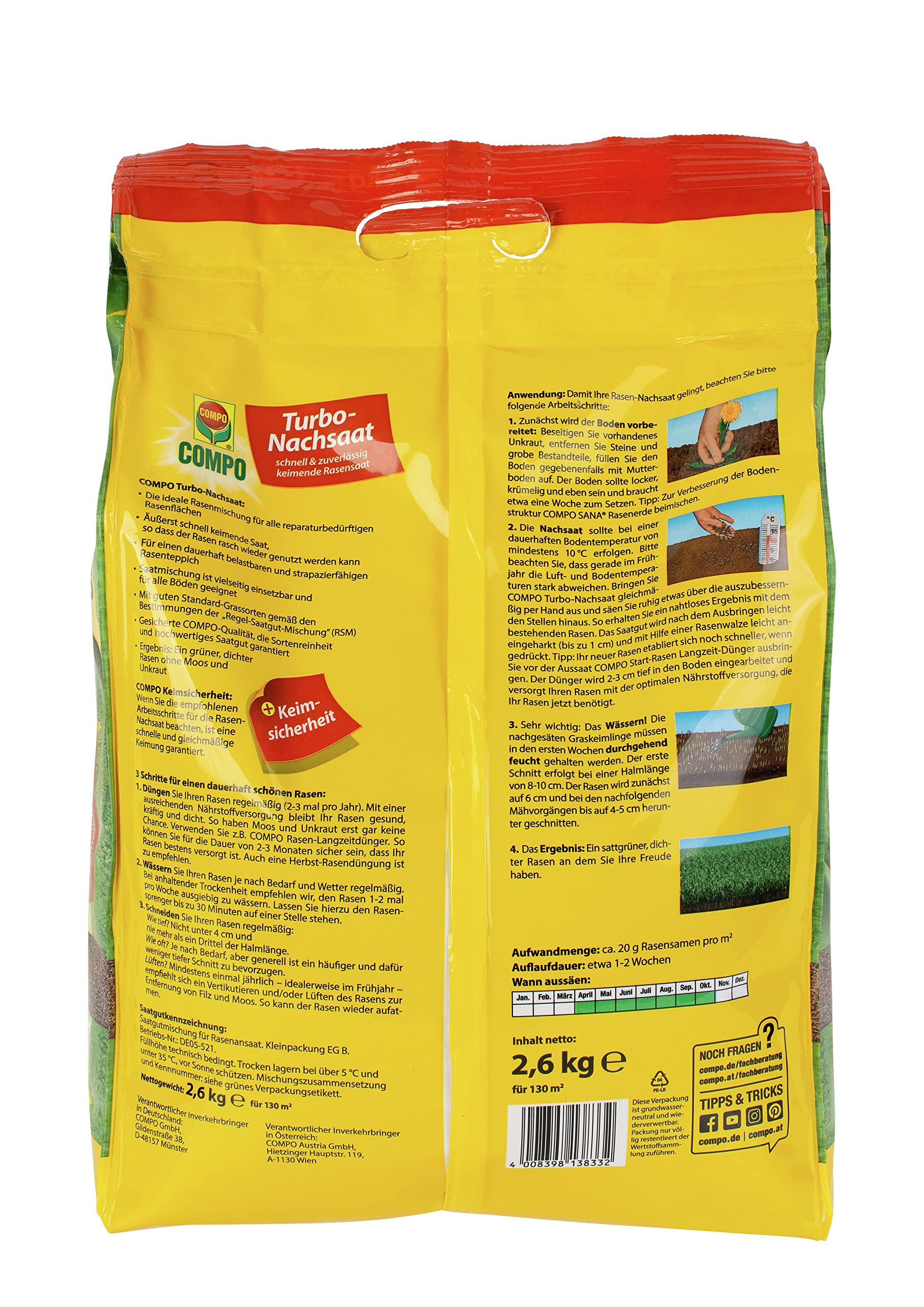 COMPO Rasen-Set, Herbst-Rasen Langzeit-Dünger, Rasendünger, 3 Monate Langzeitwirkung, 10 kg, 500 m² und Turbo Nachsaat, Rasensamen, Mit Keimsicherheit, 2,6 kg, 130 m²