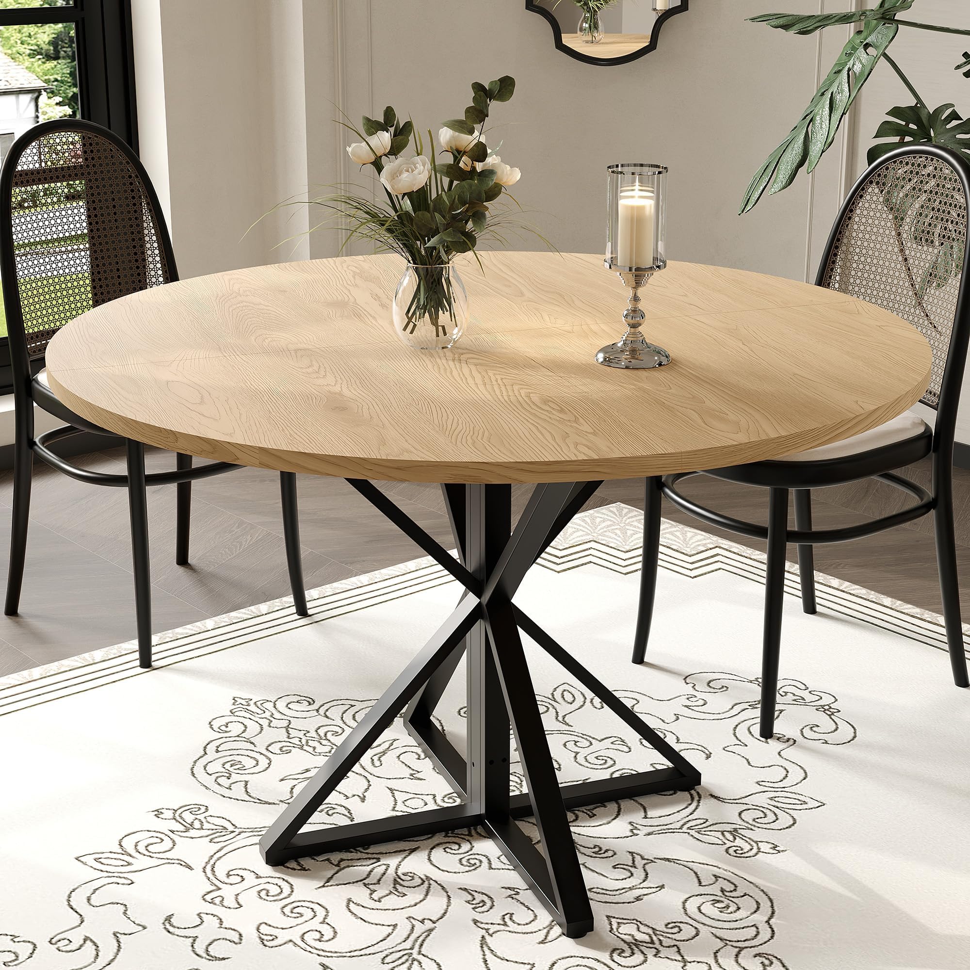 Garvee Runder Esstisch 120 cm für 4 Personen, Eichenholz-Landhausstil mit Säulenfuß, runder Küchentisch aus Holz – perfekt für Feiertage und Familienfeiern in Küche & Esszimmer