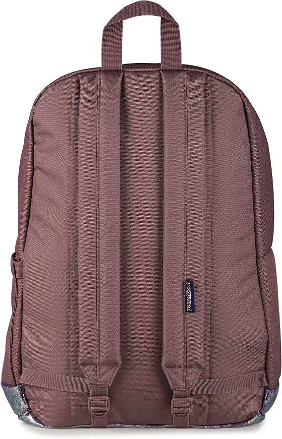 JanSport Right Pack Expressions Backpack 15-inch Padded Laptop Compartment, Water Bottle Pocket, Utility Pocket with Flap, Bog Glam Suede Mahogany Haze/Brn/Pink