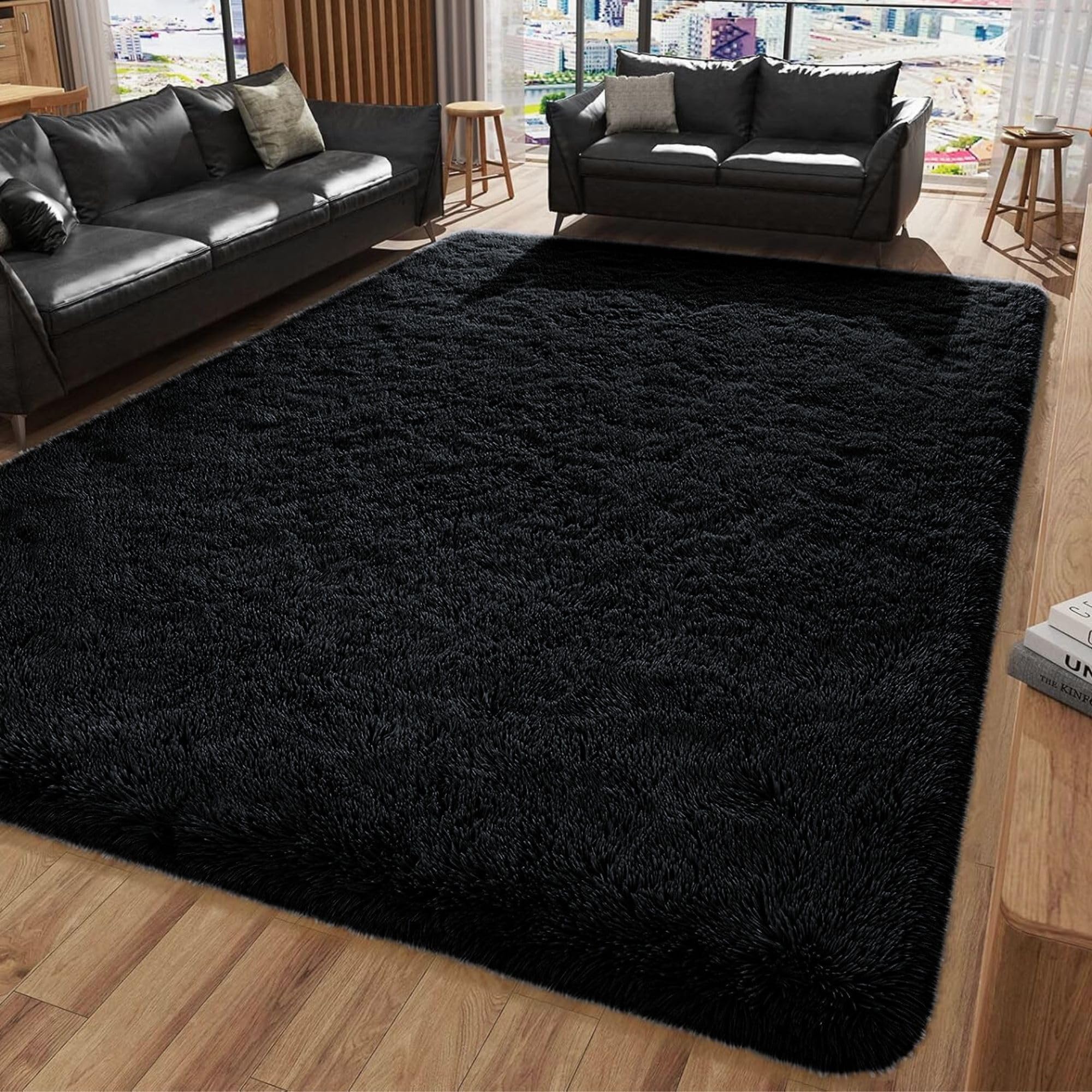 Oxford Homeware Shaggy Rugs Living Room 140 x 200 cm Black Rug for Bedroom Non Slip Fluffy Carpet Non-Shedding Thick Soft High Pile Rug Kids Room