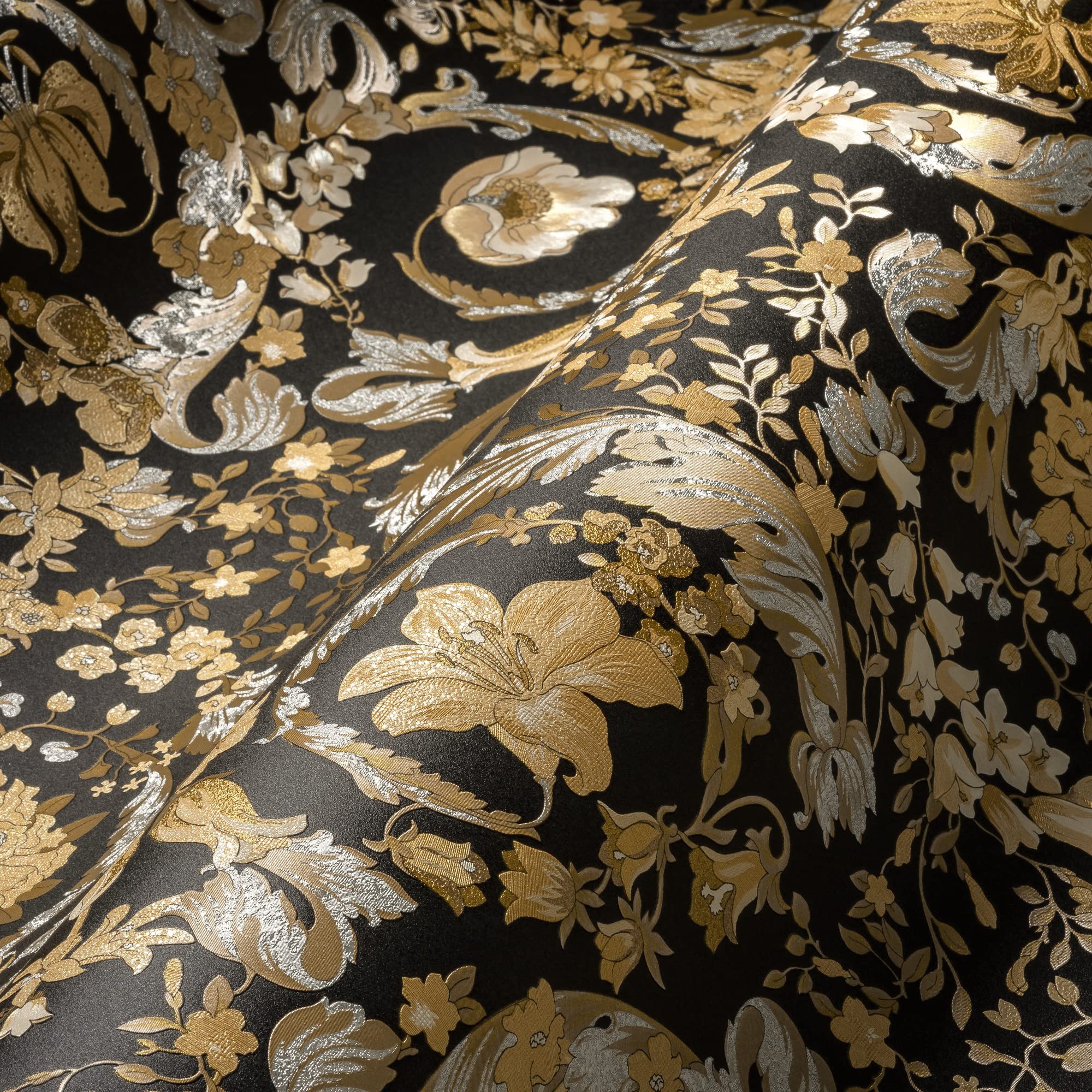 A.s. Création Gold Black Versace Wallpaper Floral 387065 Silver Designer Tendril Baroque 10.05 X 0.70 M Made In Germany
