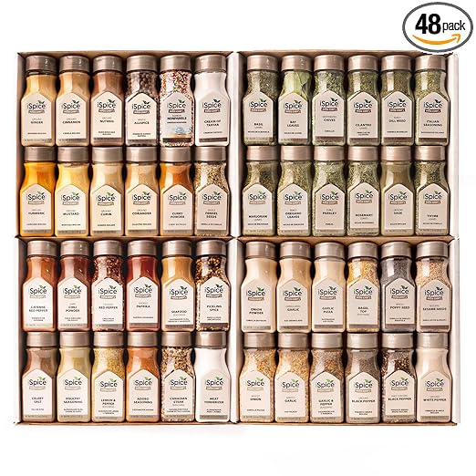 iSpice 48-Pack Starter Spice Set – Essential Herbs, Spices & Seasonings for Cooking – Kitchen Gift Set for Home Cooks – All-Natural, Kosher, Non-GMO (Total Kitchen)