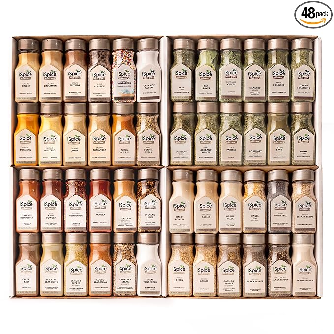 iSpice 48-Pack Starter Spice Set – Essential Herbs, Spices & Seasonings for Cooking – Kitchen Gift Set for Home Cooks – All-Natural, Kosher, Non-GMO (Total Kitchen)