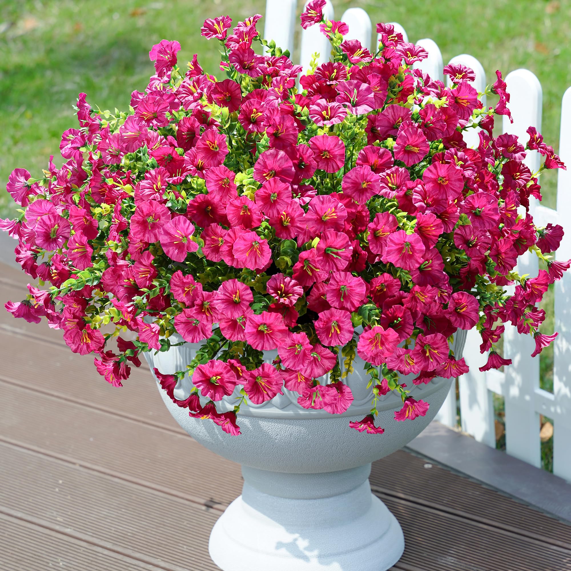 Artificial Flowers Fake Plants for Outdoors Decoration, 12 Bundles Silk Morning Glory with Eucalyptus Realistic UV Resistant Fuchsia Faux Flowers for Outside Planter Yard Patio Garden Home Indoor
