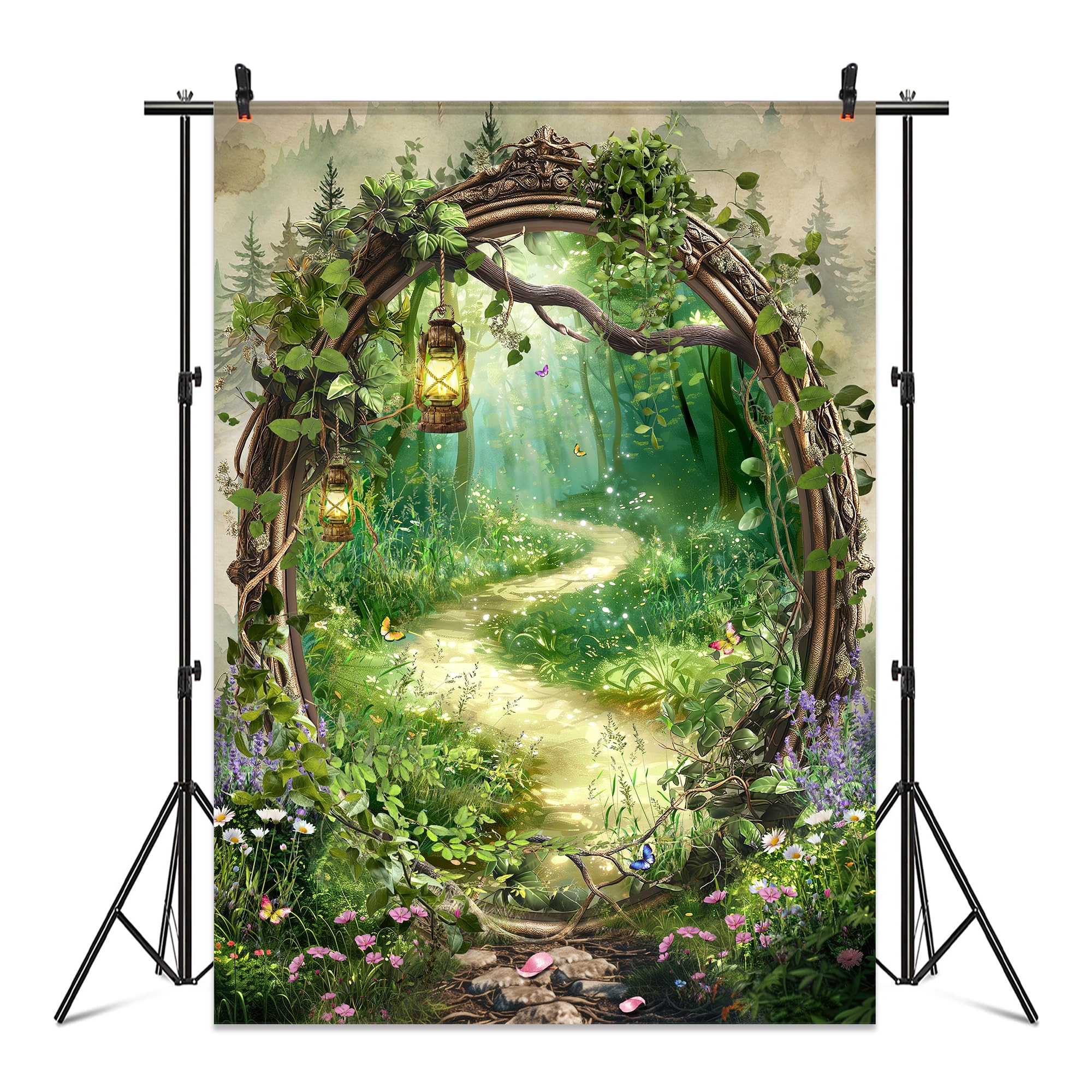 Omifly Moon Night Backdrop 5Wx7H for Photography Fairy Blue Sky Sea Full Moon Scene Seaside Enchanted Misty Woodland Background Party Decorations Cake Table Banner Decor Photo Booth Studio Prop: A-03green 5Wx7H