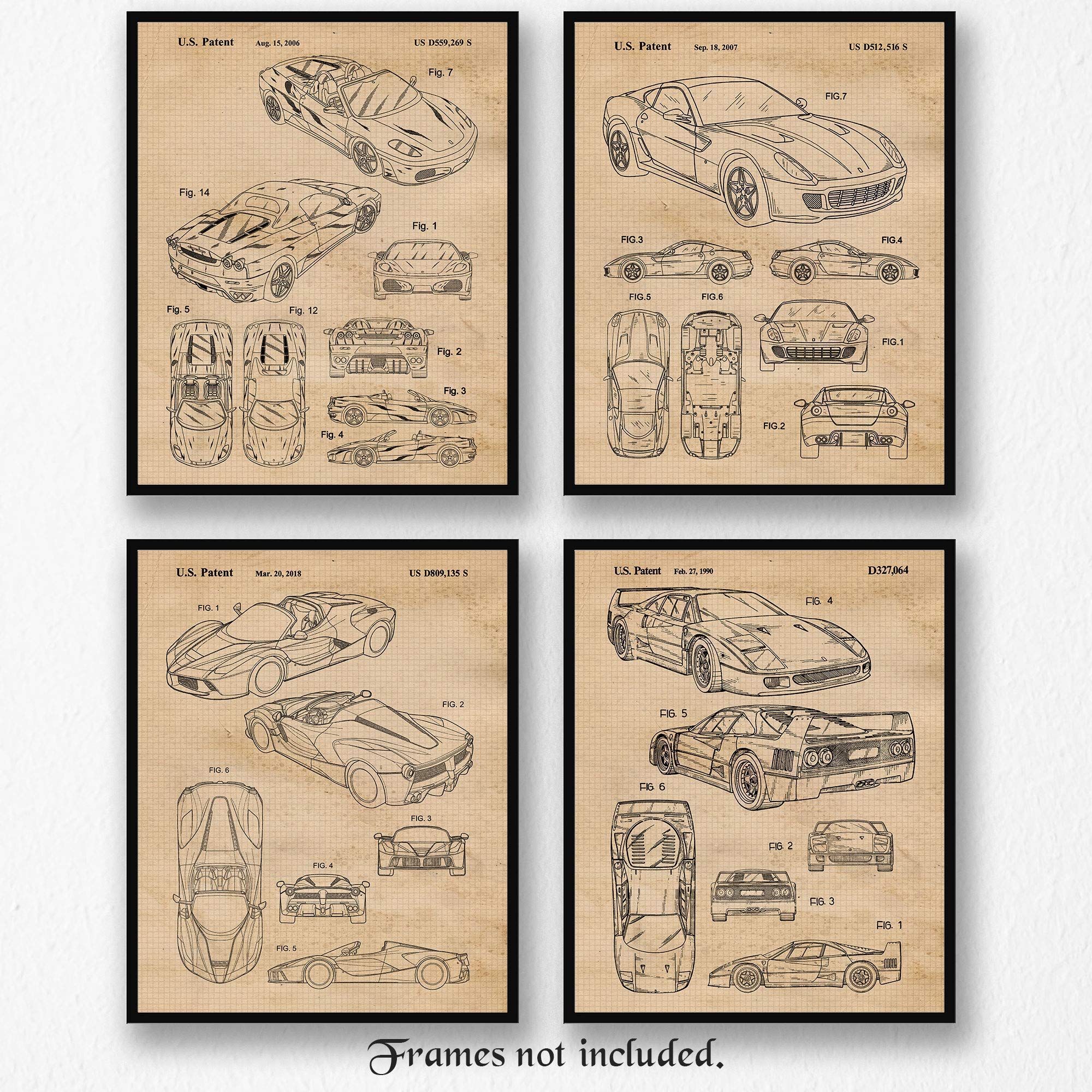 Classic Auto Patent Prints, 4 (8x10) Unframed Photos, Wall Art Decor Gift for Home Ferrari Office Engineer Aperta F430 F488 F8 Garage Work Shop School Student Teacher Coach F1 Team Car Race Champ