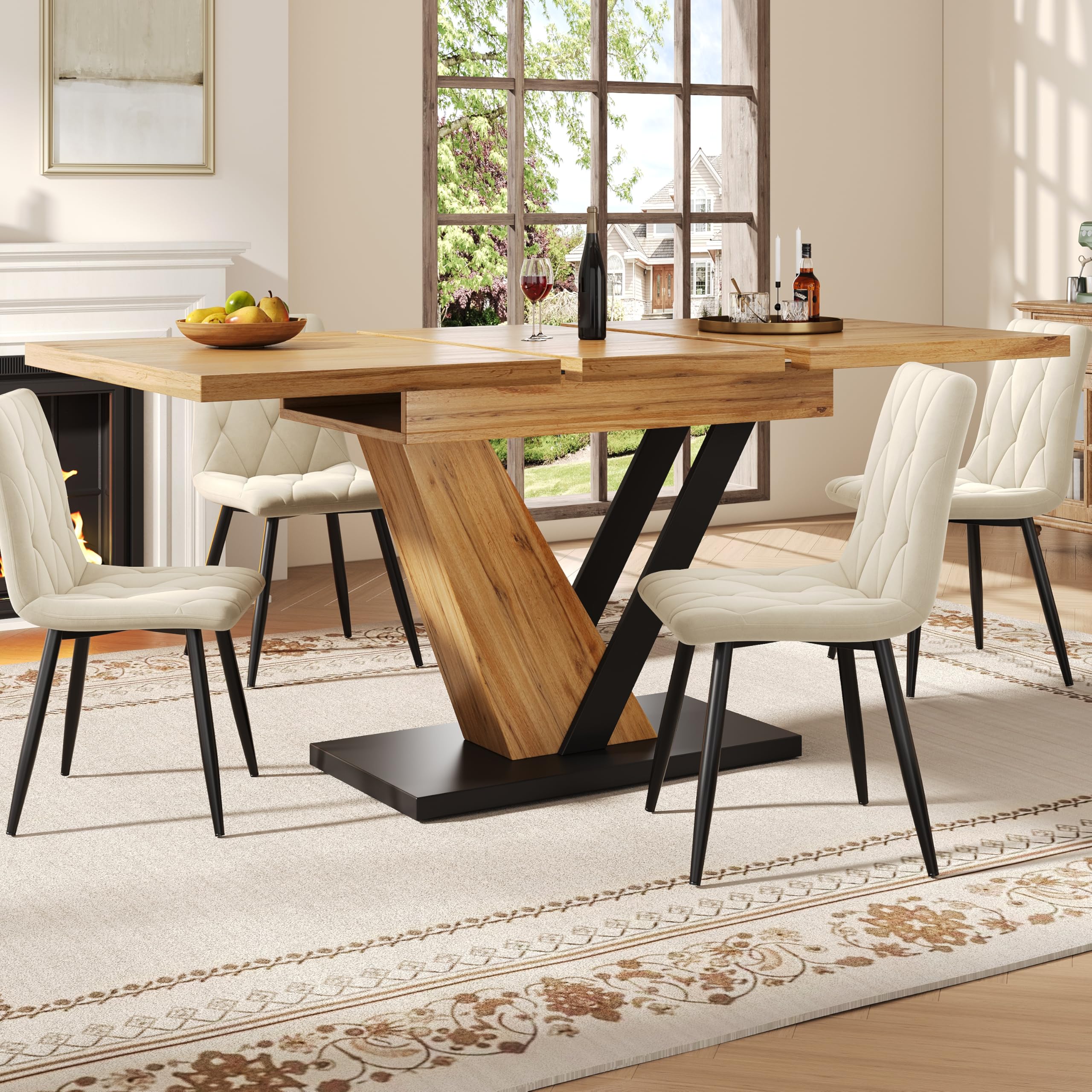 Tavolo da pranzo allungabile 120 (160) x 75 x 75,5 cm per 4-6 persone, tavolo da cucina salvaspazio con venature di legno, tavolo da pranzo MDF + metallo per piccoli appartamenti