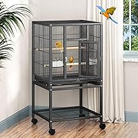DWVO 41-Inch Large Metal Bird Cage with Rolling Stand, Slide-Out Tray, Feeders & Wooden Perches for Parakeets, Lovebirds, Cockatiels, Finches - Black
