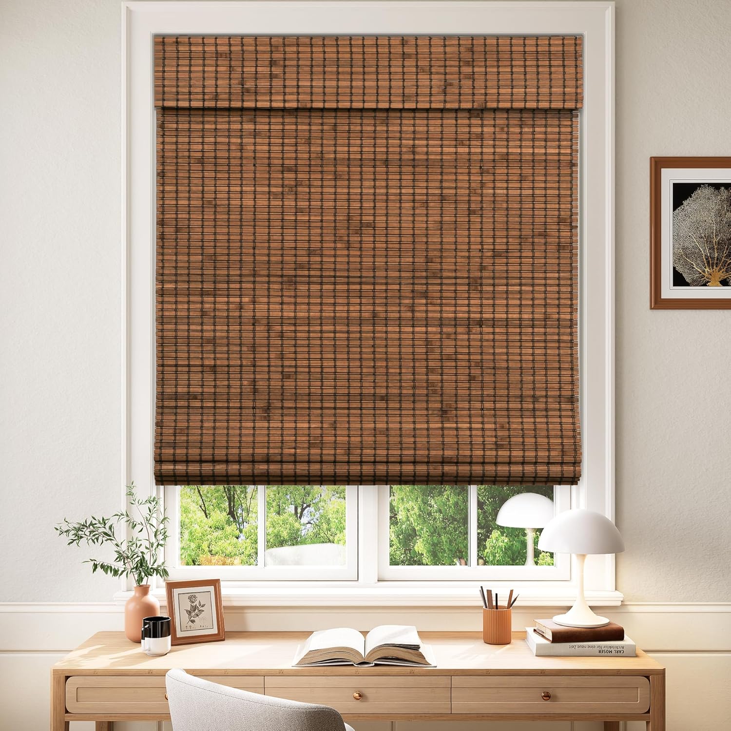 LazBlinds Cordless Blackout Bamboo Roman Shades, Room Darkening Blinds for Interior Windows, Thermal Insulated Roll Up Bamboo Blinds for Home & Patio, 20" W x 64" H, Penang Teak Blackout - Penang Teak 20" W x 64" H