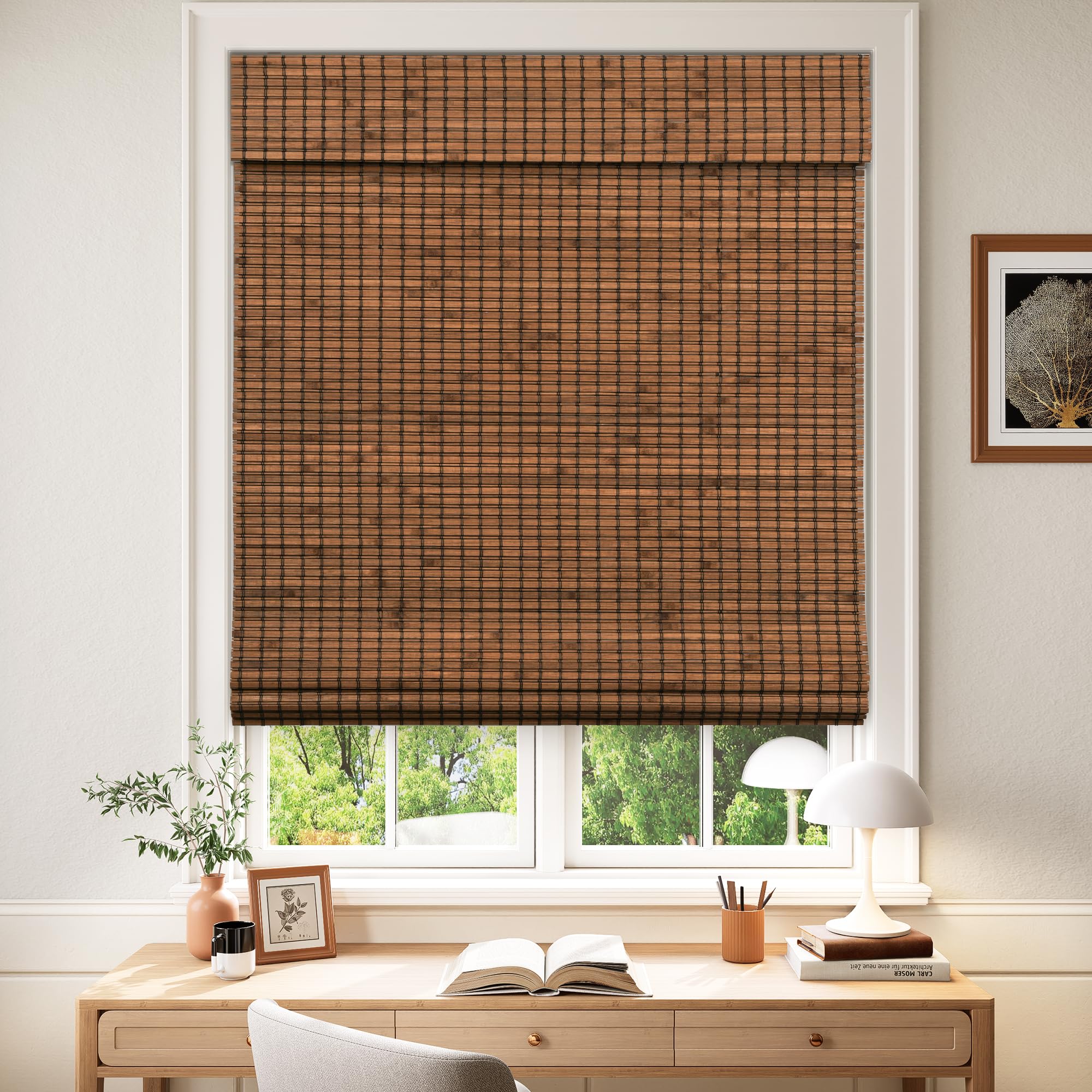 LazBlinds Cordless Blackout Bamboo Roman Shades, Room Darkening Blinds for Interior Windows, Thermal Insulated Roll Up Bamboo Blinds for Home & Patio, 26" W x 64" H, Penang Teak
