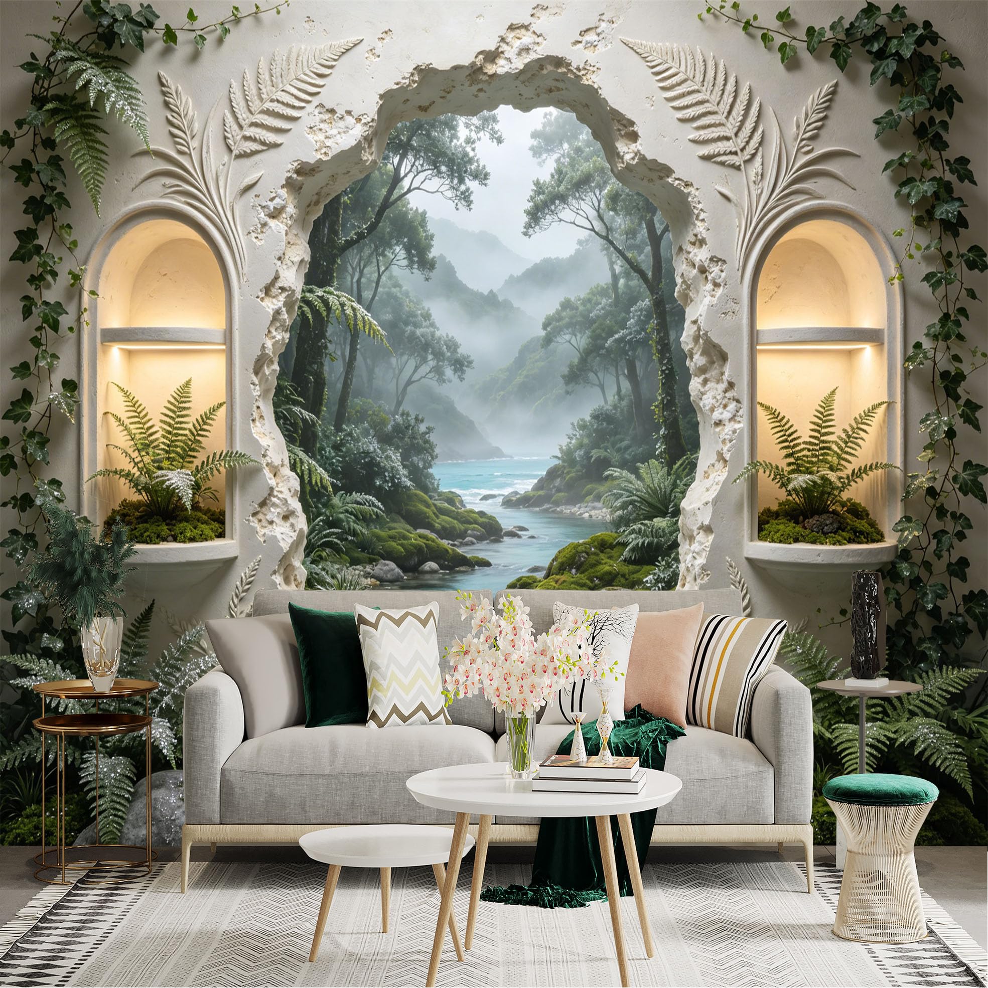 Custom Size Wall Sticker Mural， Tropical Forest with River and Stone Archway， for wall Decoration， peelandstick wall Decals.