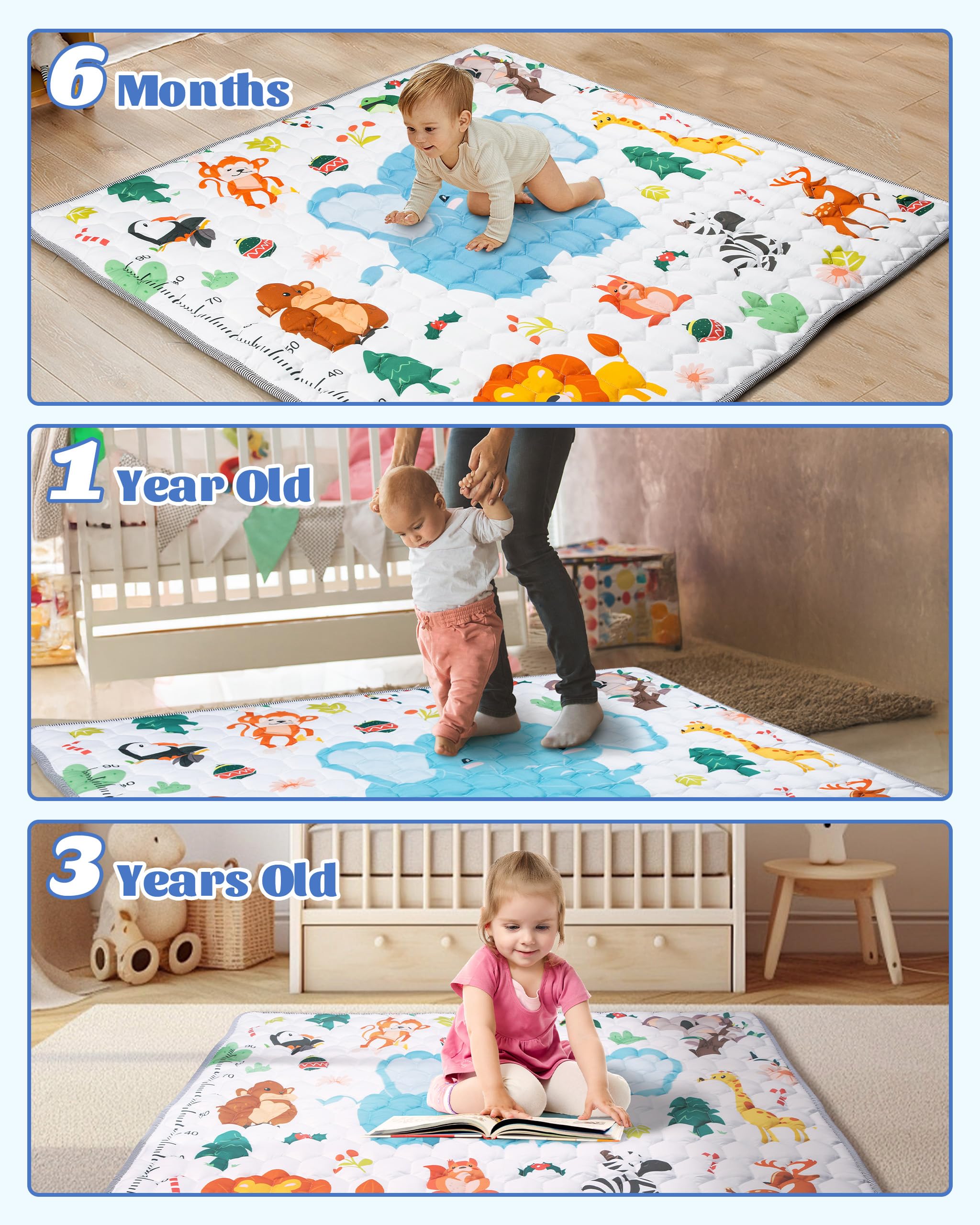 Funsland Tappeto Gioco Bambini, 127x127cm Tappeto Neonato Gattonamento, Pieghevole Morbido & Spessa Tappeto Tummy Time Neonati, Animale Tappeto Gioco Sensoriale Interattivo per Bambini 1 2 3 Anni