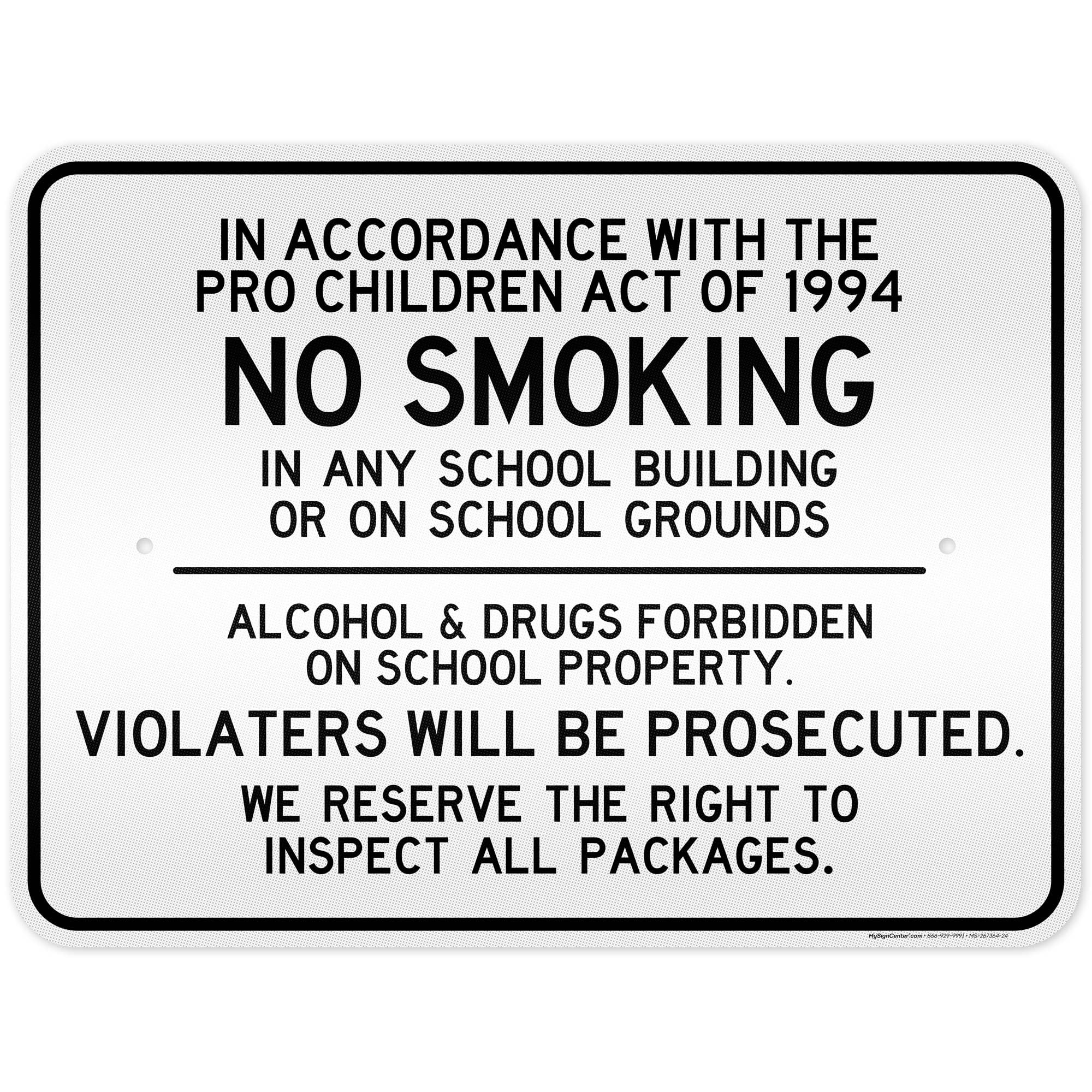 No Smoking School Area Warning Sign, Outdoor & Indoor, 12x8 inch