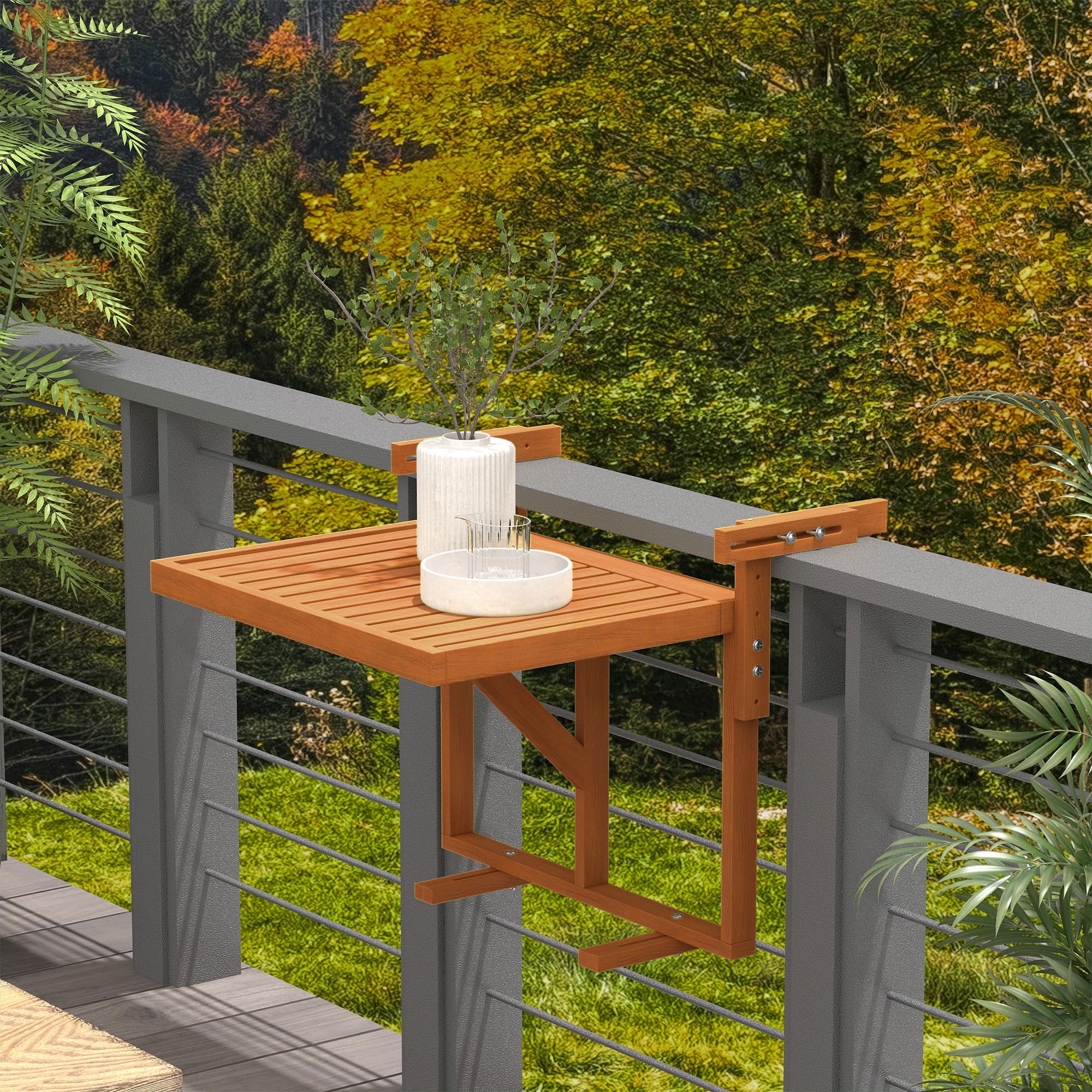 Outsunny Table de Balcon Suspendue Pliable Bois Plateau rectangulaire Hauteur réglable 68x65x40,5-55 cm Naturel