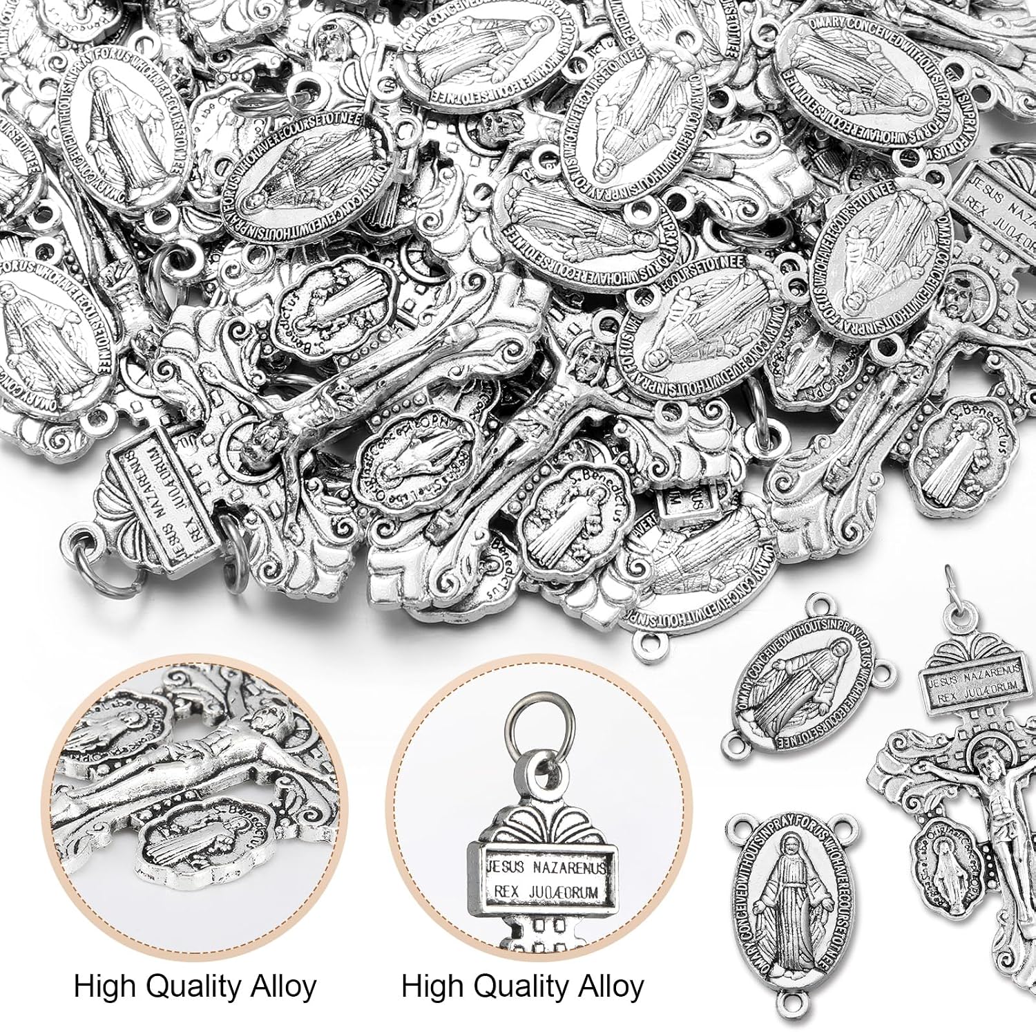 40pcs/20set Crucifix for Rosary Making Kit 2.2 Inch Pardon Crucifix Cross Charms Pendants Bulk Oval Alloy Catholic Jesus Maria Links Pendant for DIY Jewelry Making Supplies