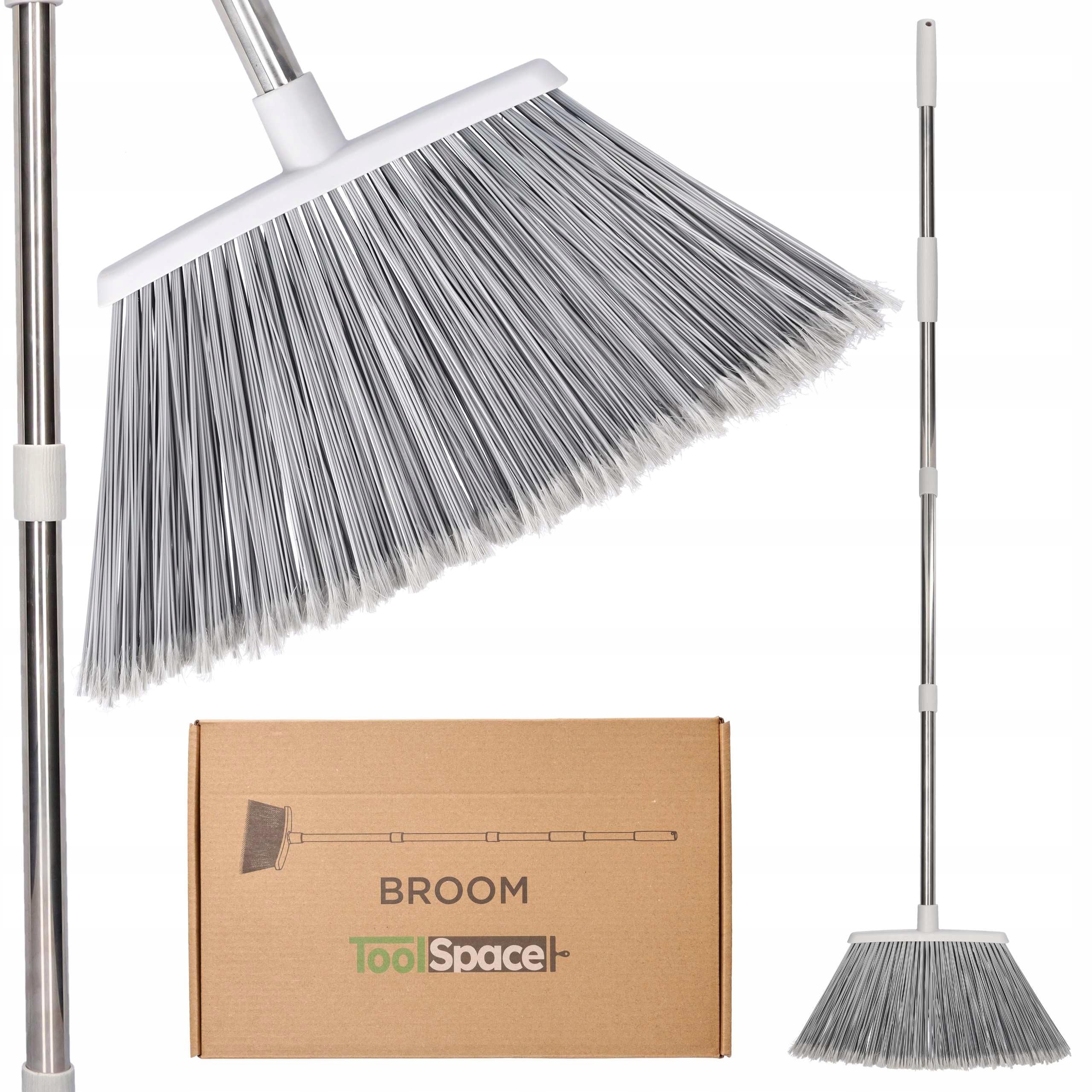 ToolSpace Scopa da Giardino per Esterni 38 cm con Manico Telescopico in Acciaio 133 cm (Altezza 145 cm) Grande Spazzolone Industriale Setole Dure per Pulizia Strada Pavimenti Terrazze Cortili Grigio