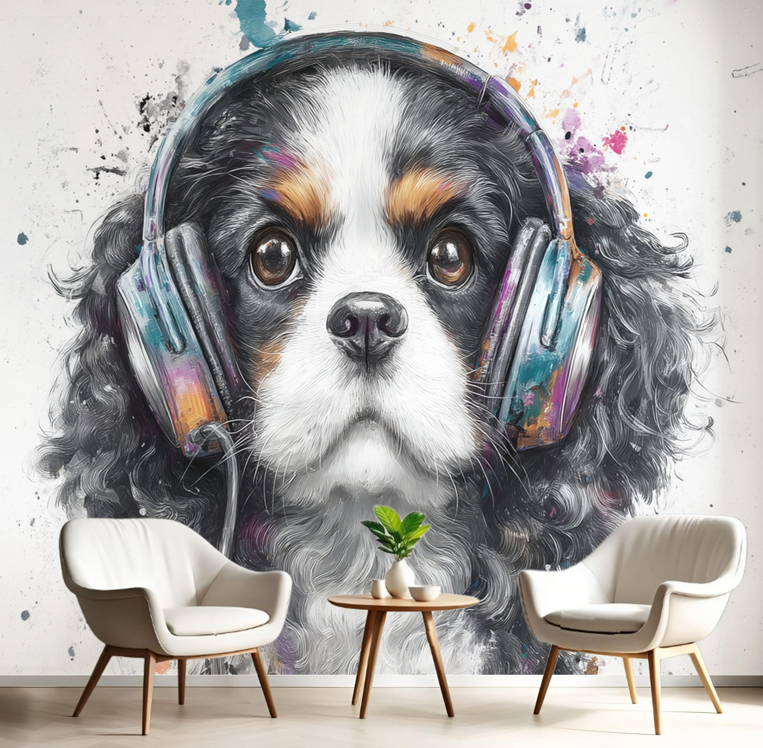 Fresque Murale Éclaboussures d'Encre pour Salon et Bureau Moderne Charles Spaniel