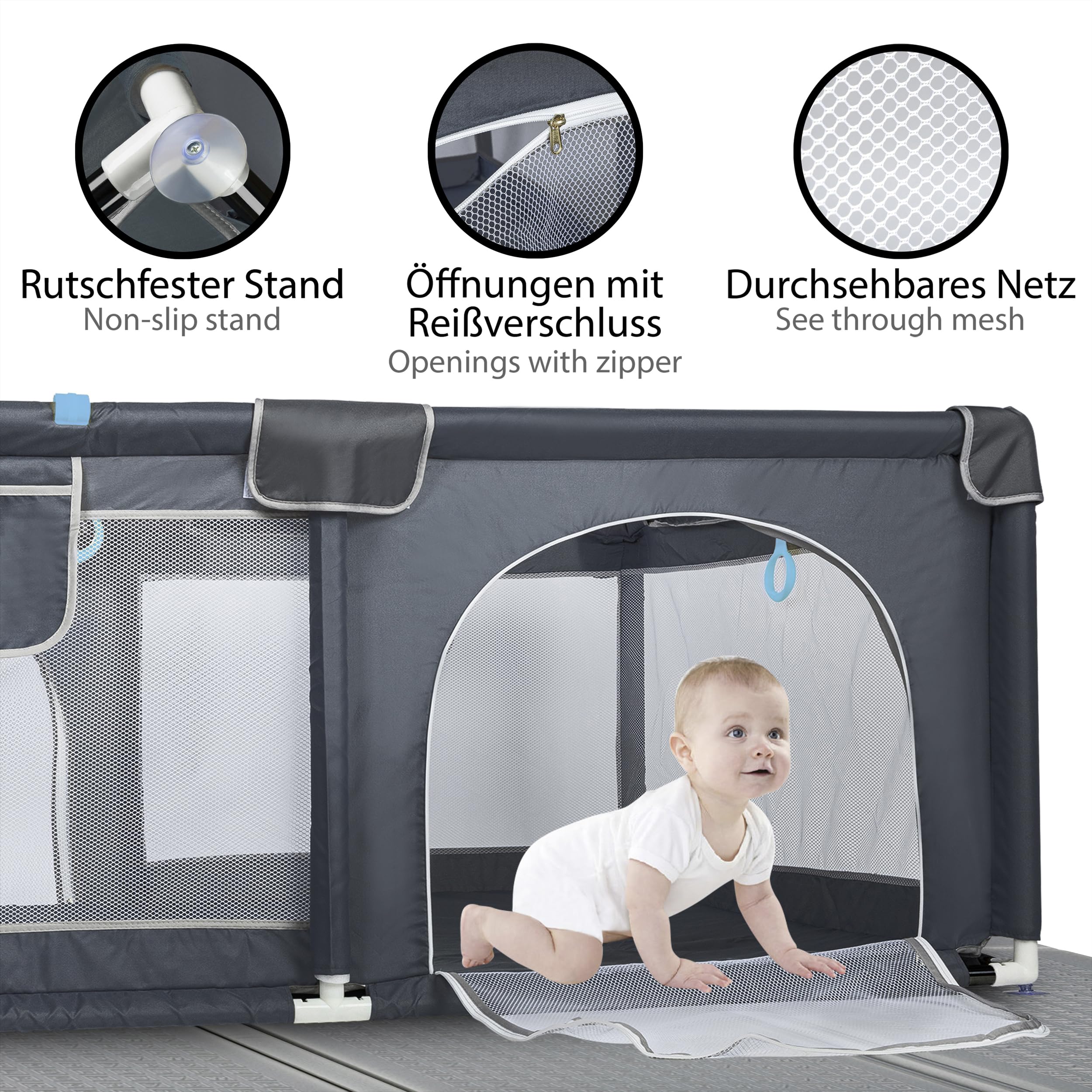 ONVAYA® Laufgitter mit faltbarer Spielmatte | Laufstall für Babys | 120 x 160 cm | Schutzgitter für Kinder | Rechteckiges Krabbelgitter | Absperrgitter | Babyzaun in Grau | sicher & schadstofffrei