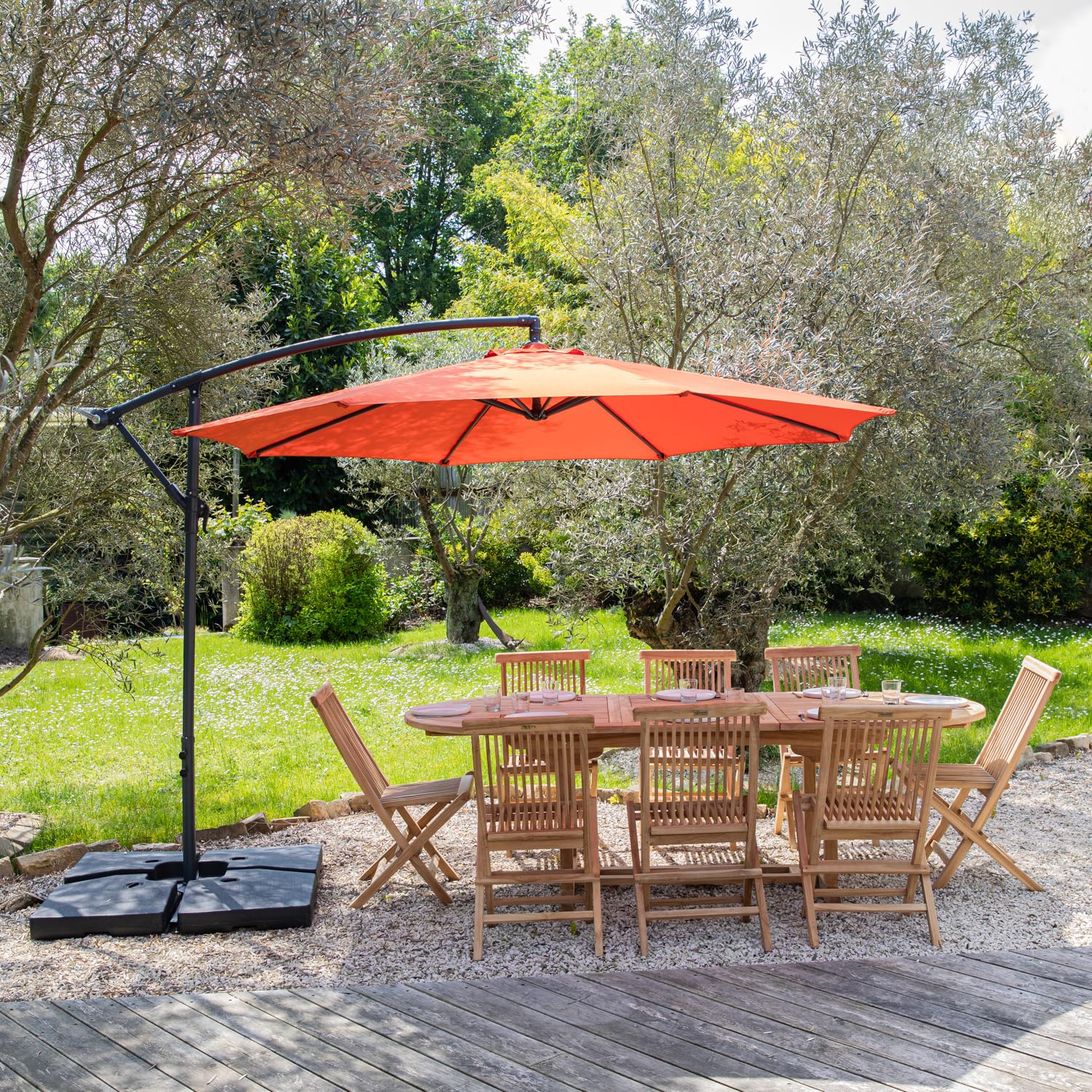 Happy Garden parasol de jardin déporté OAHU rond 3m de diamètre terracotta avec manivelle. Parasol déporté inclinable et rabattable avec housse de protection.