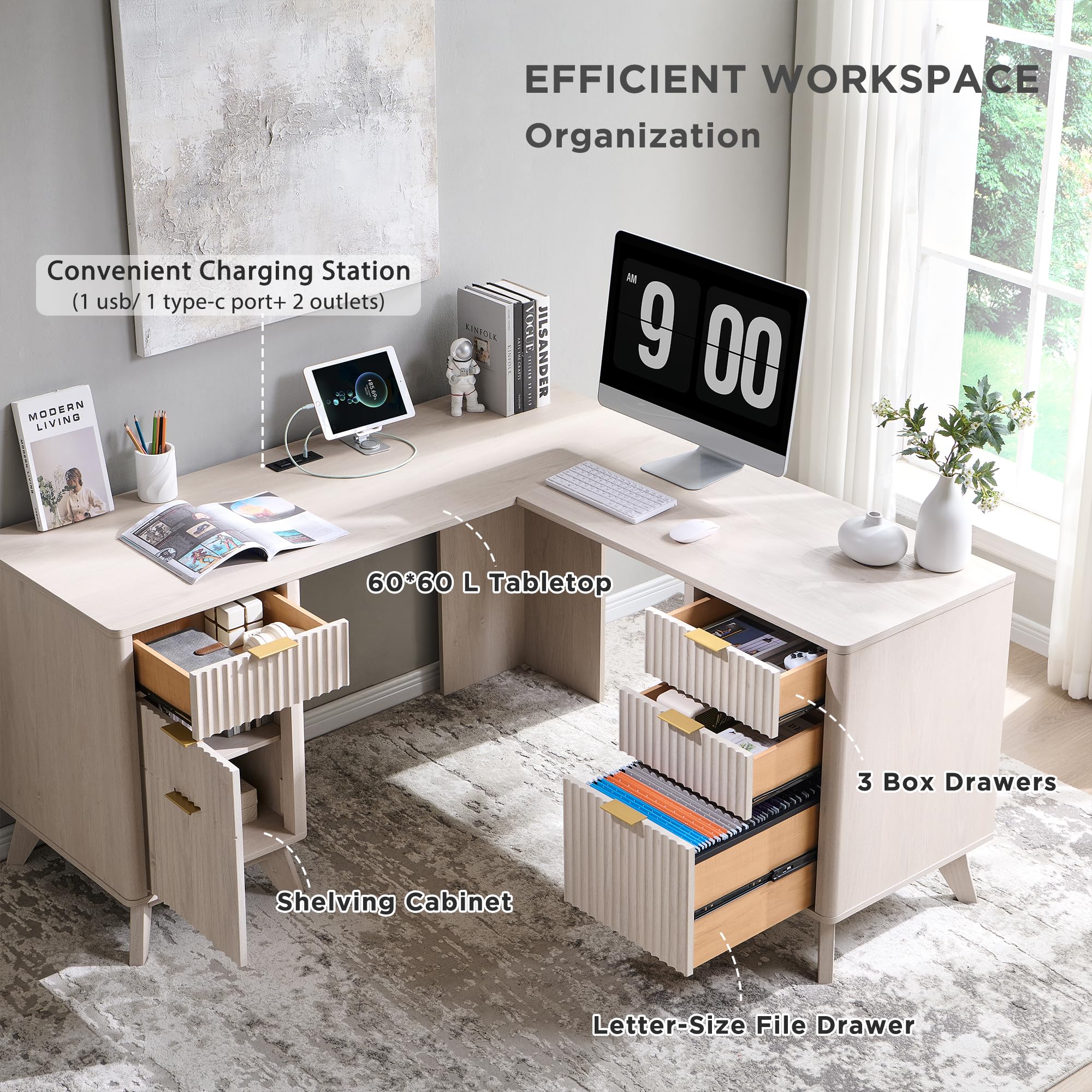 T4TREAM 60'' Fluted Executive L Shaped Desk, Modern Home Office Desk with Charging Station and File Drawer, Computer Corner Desks with Drawers & Storage Cabinet for Office Home, Bedroom,