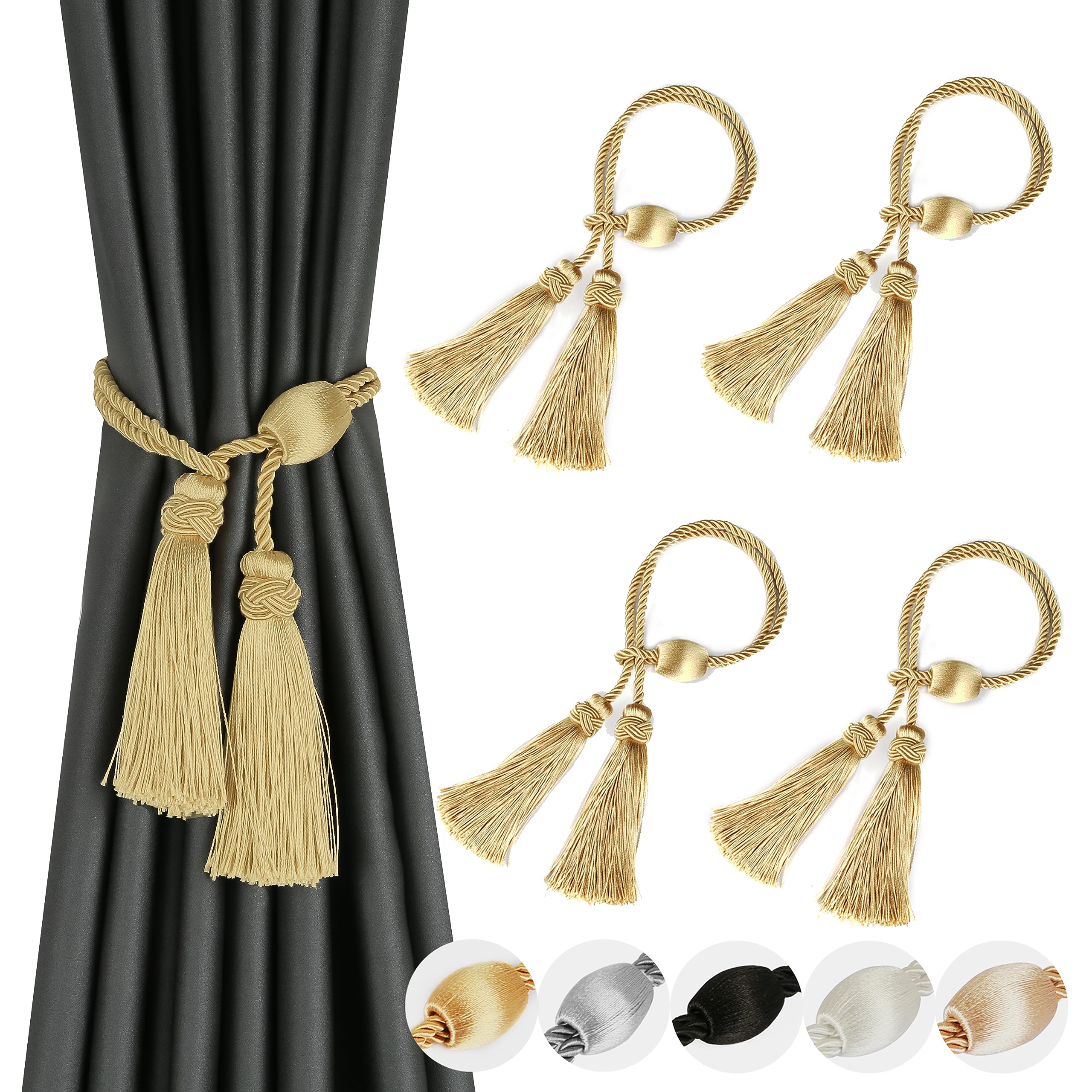 OUdini Curtain Tiebacks with Tassel Rope Window Curtain Ties Backs for Draperies Outdoor Curtain Holdbacks, 4 Pack/Glod