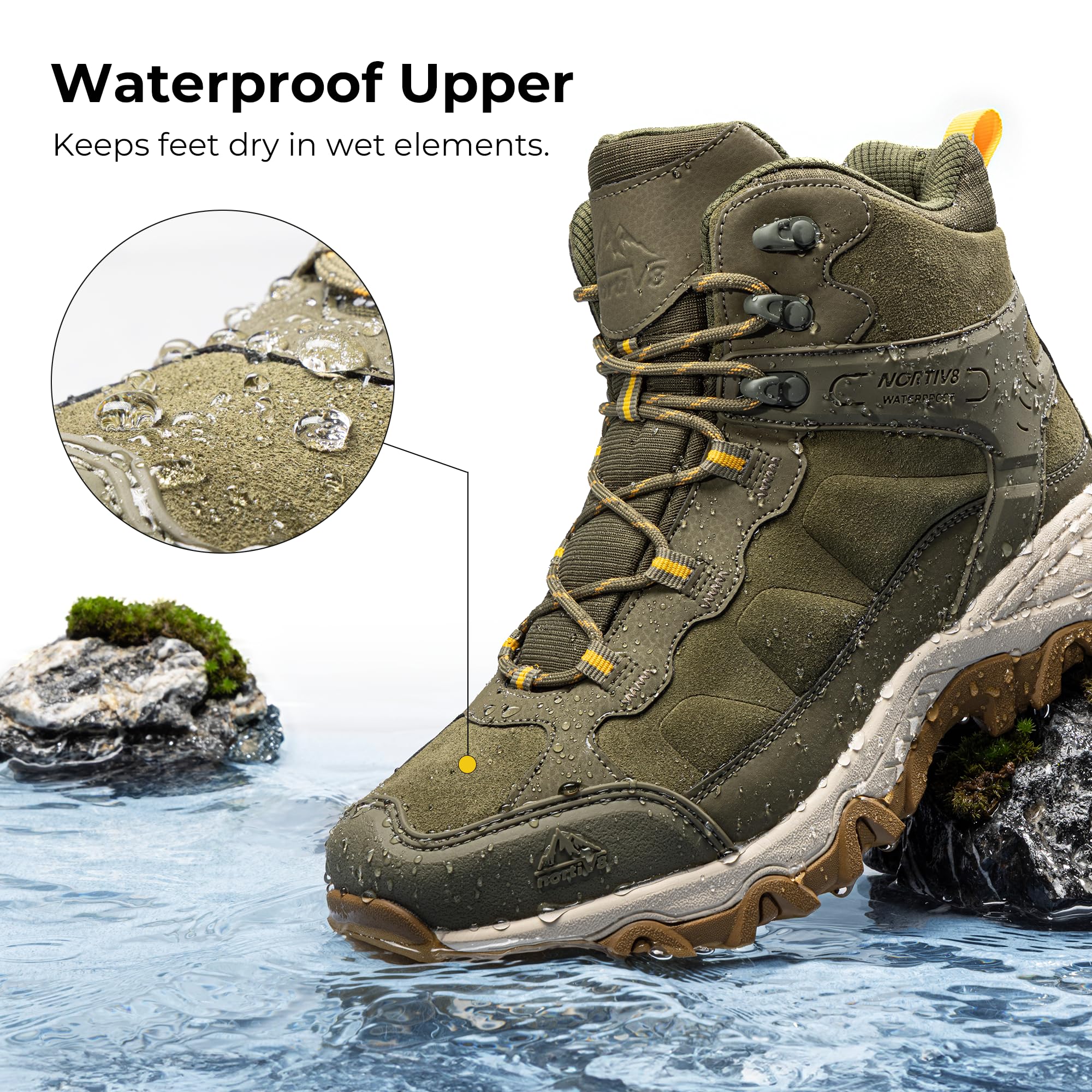NORTIV 8 Męskie zimowe wodoodporne śniegowe buty trekkingowe antypoślizgowe buty górskie JS19004M, oliwkowy, 12 | Mid Top zamszowe buty trekkingowe do trekkingu na świeżym powietrzu, kempingu i wspinaczki górskiej