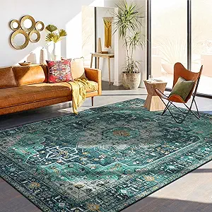 Moynesa Ultra-Thin Vintage Area Rug - 9x12 Large Living Room Rug, Non-Slip Stain Resistance Low Pile Bedroom Mat, Oriental Indoor Office Floor Carpet for Dining Room Kitchen Table Dorm